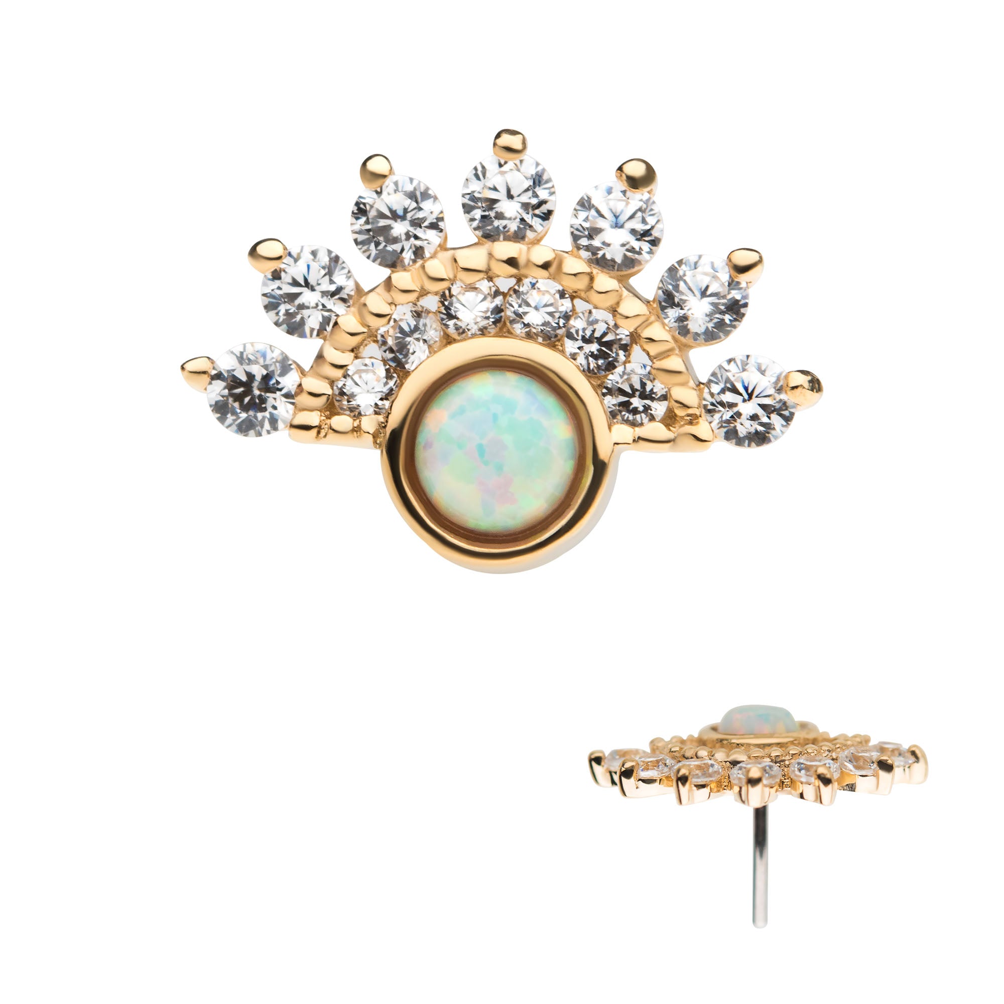 14kt Gold Threadless Bezel White Opalite & Prong Clear CZ Fan Cluster Top