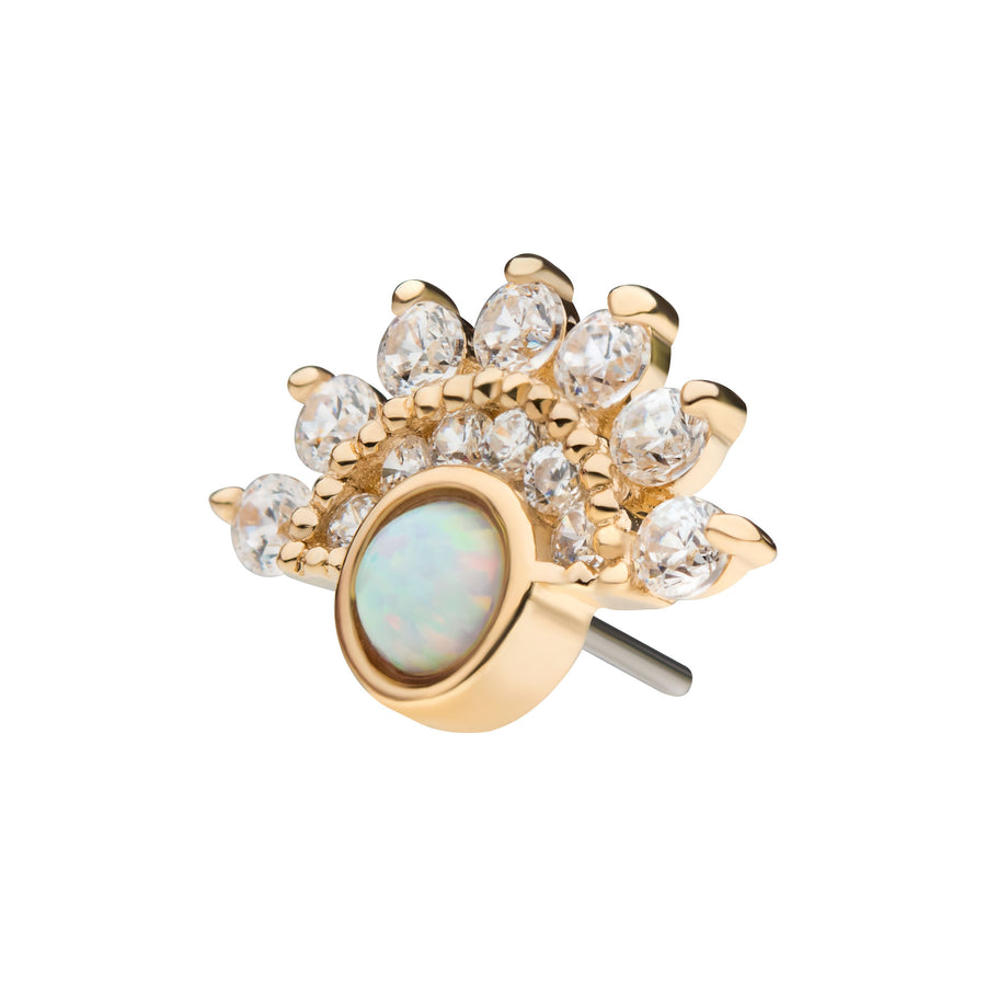 14kt Yellow Gold Threadless Bezel White Synthetic Opal & Prong Clear CZ Fan Cluster Top