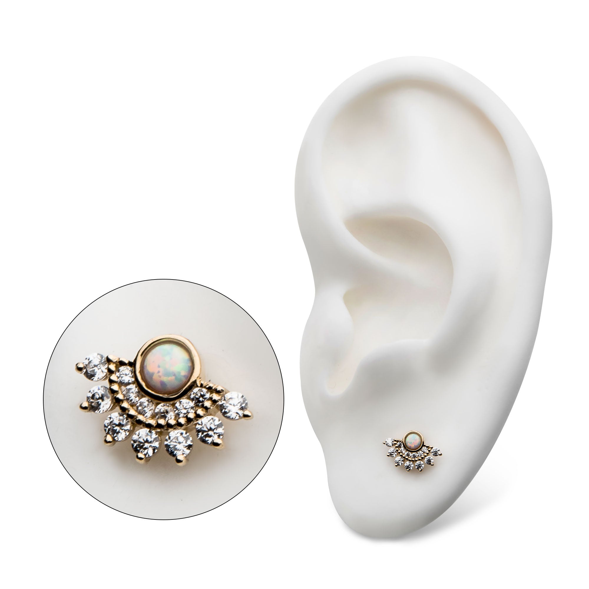 14kt Gold Threadless Bezel White Opalite & Prong Clear CZ Fan Cluster Top