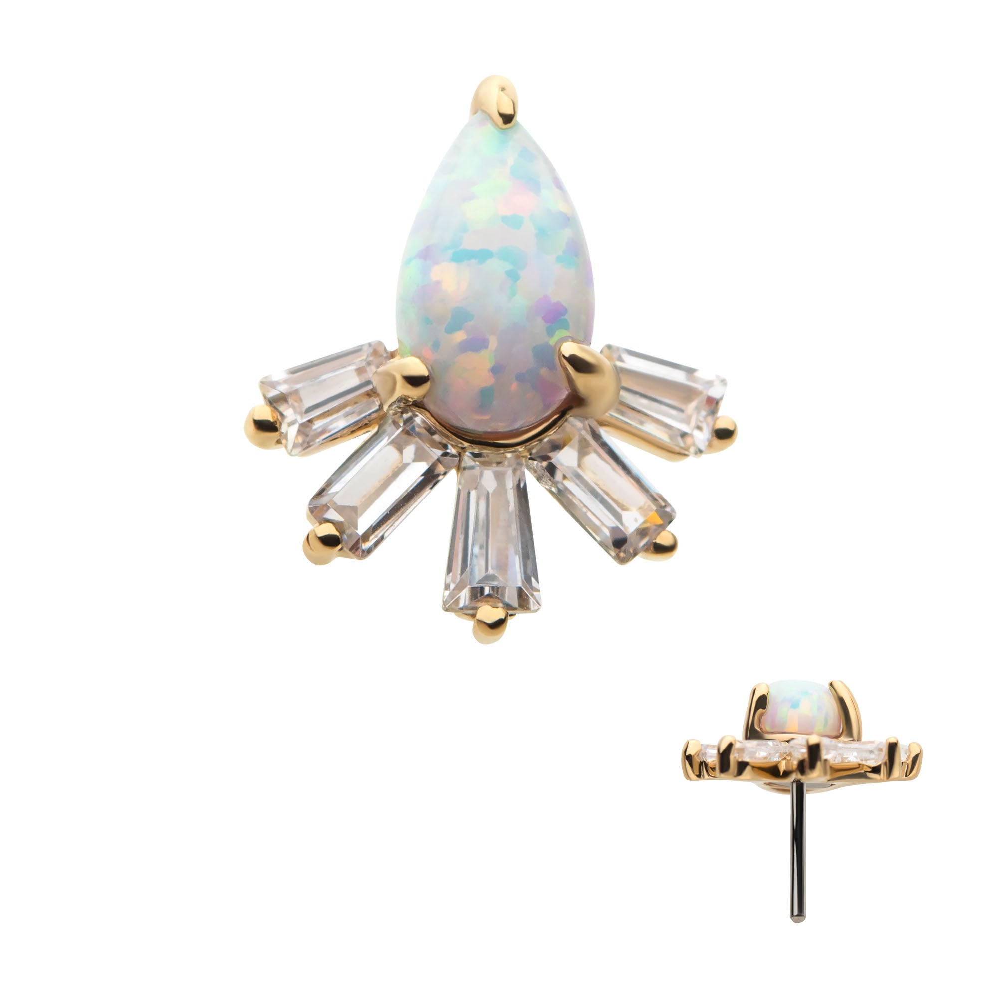 14kt Yellow Gold Threadless Teardrop White Synthetic Opal & Tapered Baguette Clear CZ Cluster Top