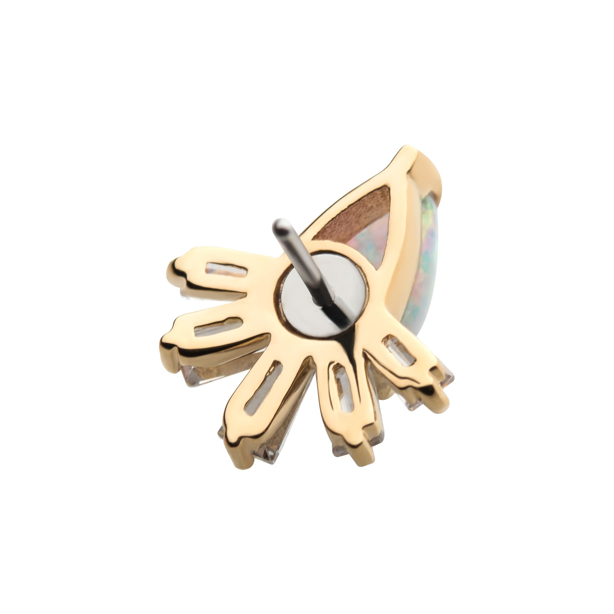 14kt Yellow Gold Threadless Teardrop White Synthetic Opal & Tapered Baguette Clear CZ Cluster Top