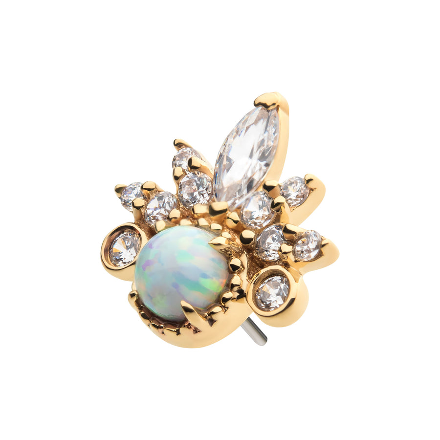 14kt Yellow Gold Threadless White Synthetic Opal, Round & Marquise Clear CZ Tiara Cluster Top