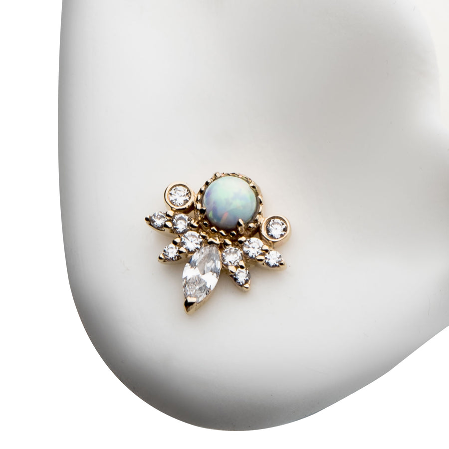 14kt Yellow Gold Threadless White Synthetic Opal, Round & Marquise Clear CZ Tiara Cluster Top