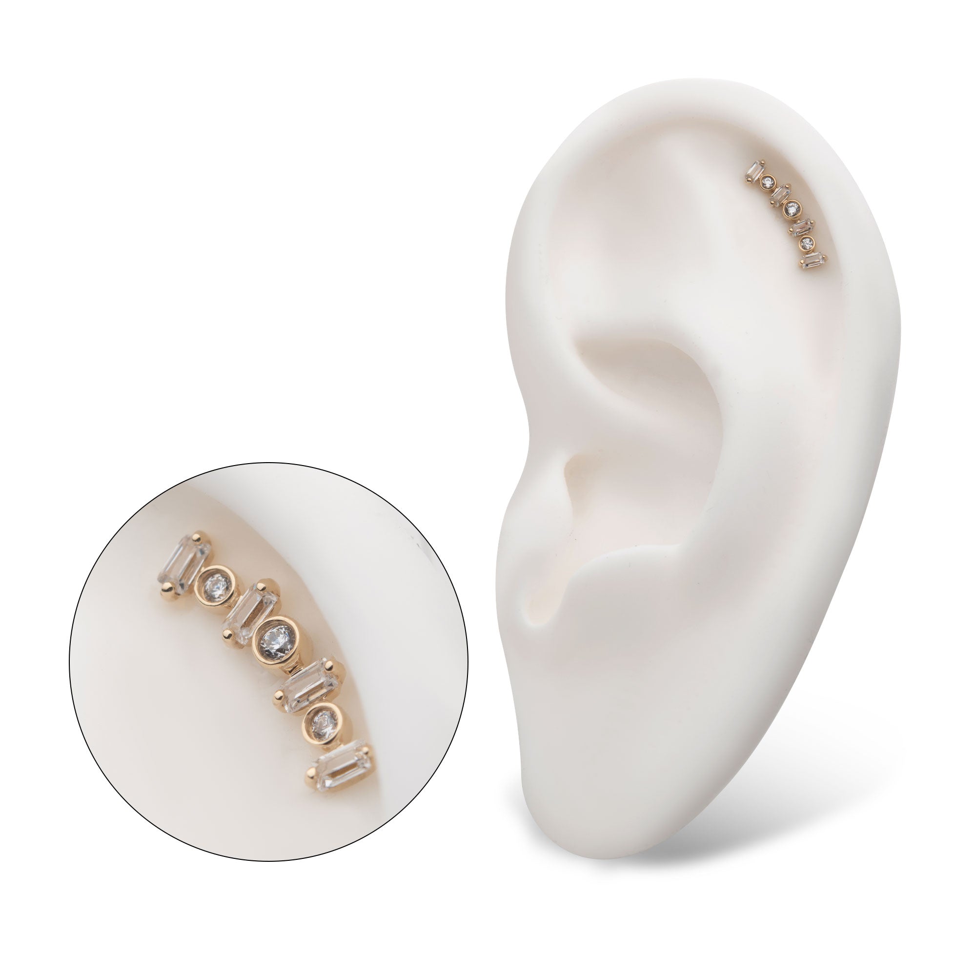 14kt Yellow Gold Threadless Bezel Set Round & Prong Set Baguette Clear CZ Cluster Top