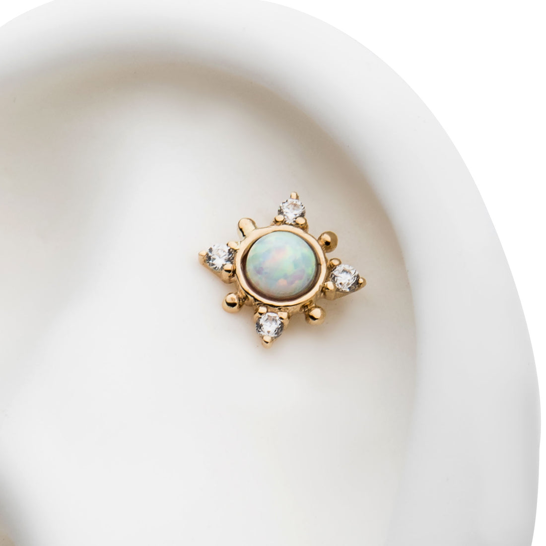 14kt Yellow Gold Threadless White Synthetic Opal, Beads & Round Clear CZ 4-Point Top