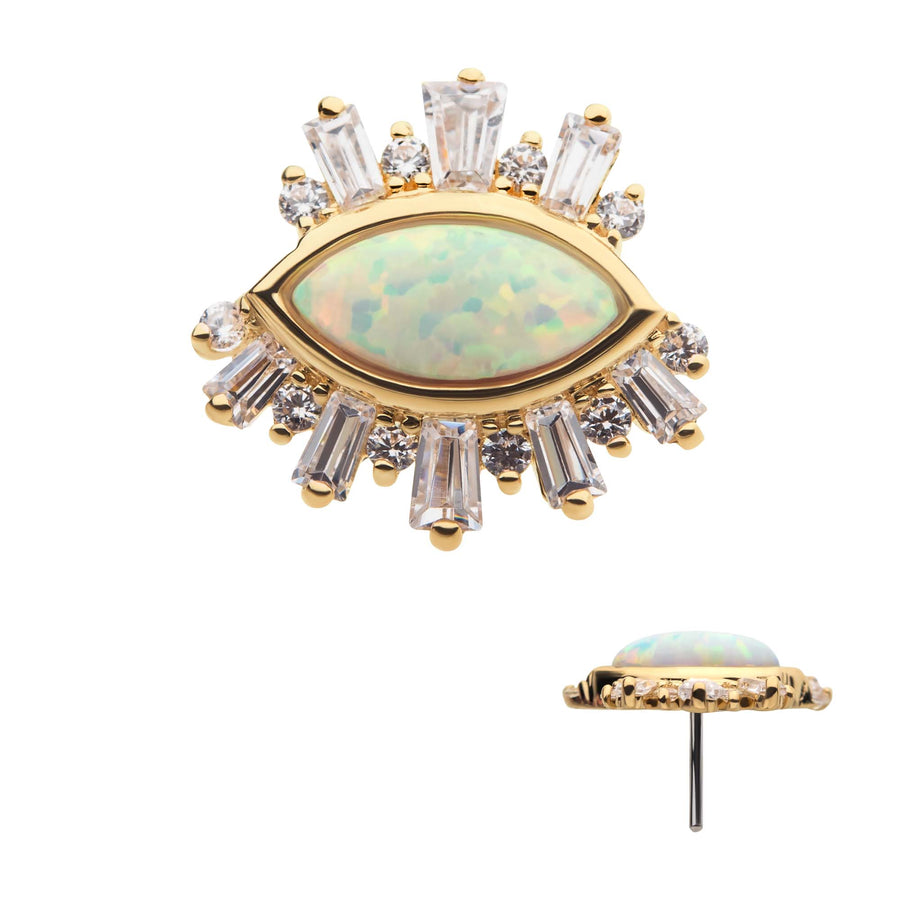 14kt Yellow Gold Threadless Marquise White Synthetic Opal, Round & Tapered Baguette Clear CZ Evil Eye Cluster Top