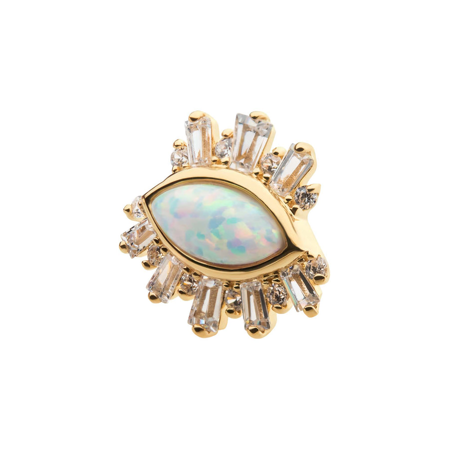 14kt Yellow Gold Threadless Marquise White Synthetic Opal, Round & Tapered Baguette Clear CZ Evil Eye Cluster Top
