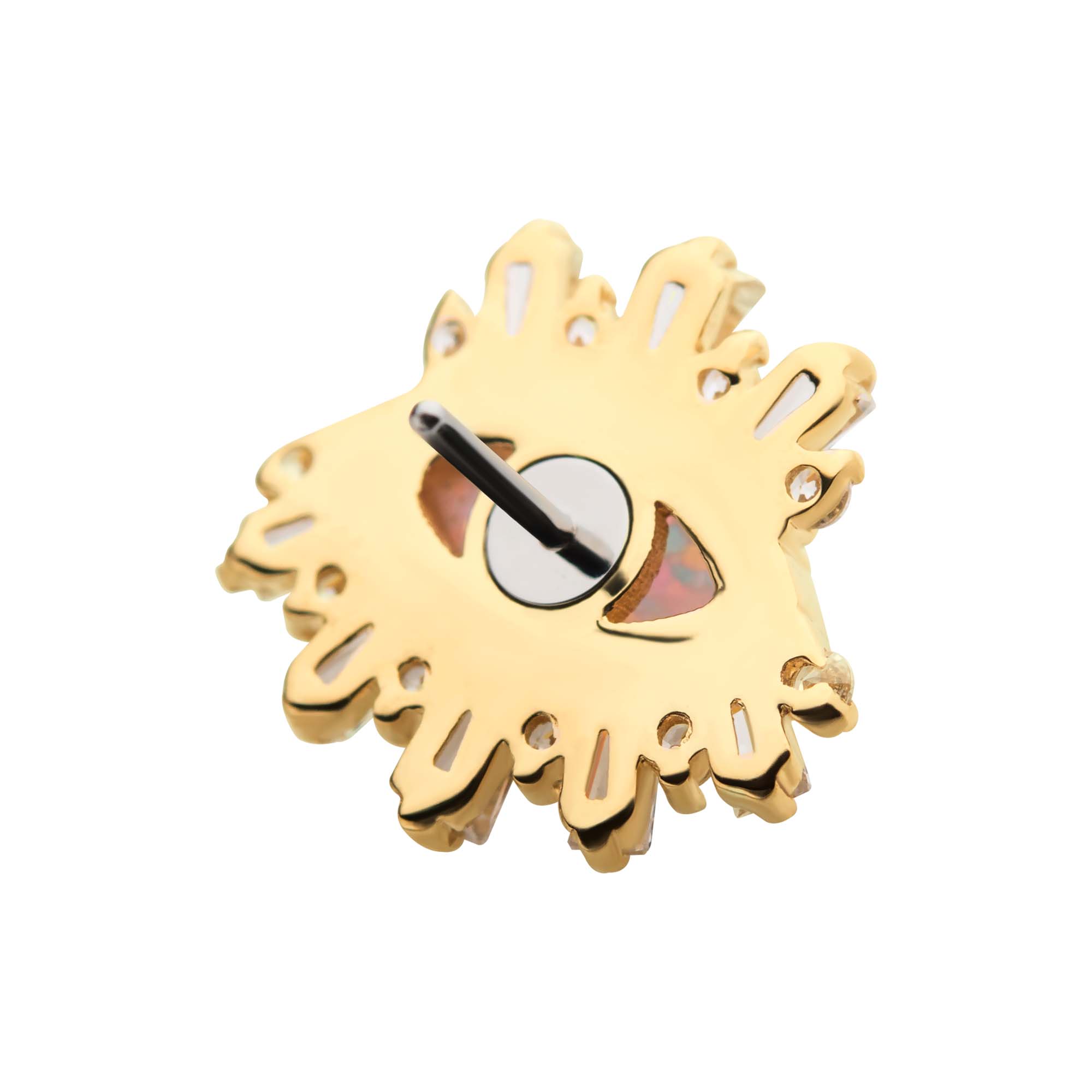 14kt Yellow Gold Threadless Marquise White Synthetic Opal, Round & Tapered Baguette Clear CZ Evil Eye Cluster Top