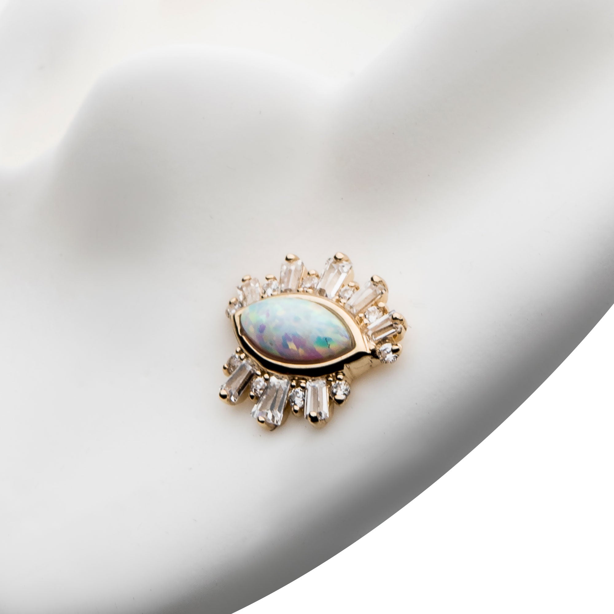 14kt Yellow Gold Threadless Marquise White Synthetic Opal, Round & Tapered Baguette Clear CZ Evil Eye Cluster Top