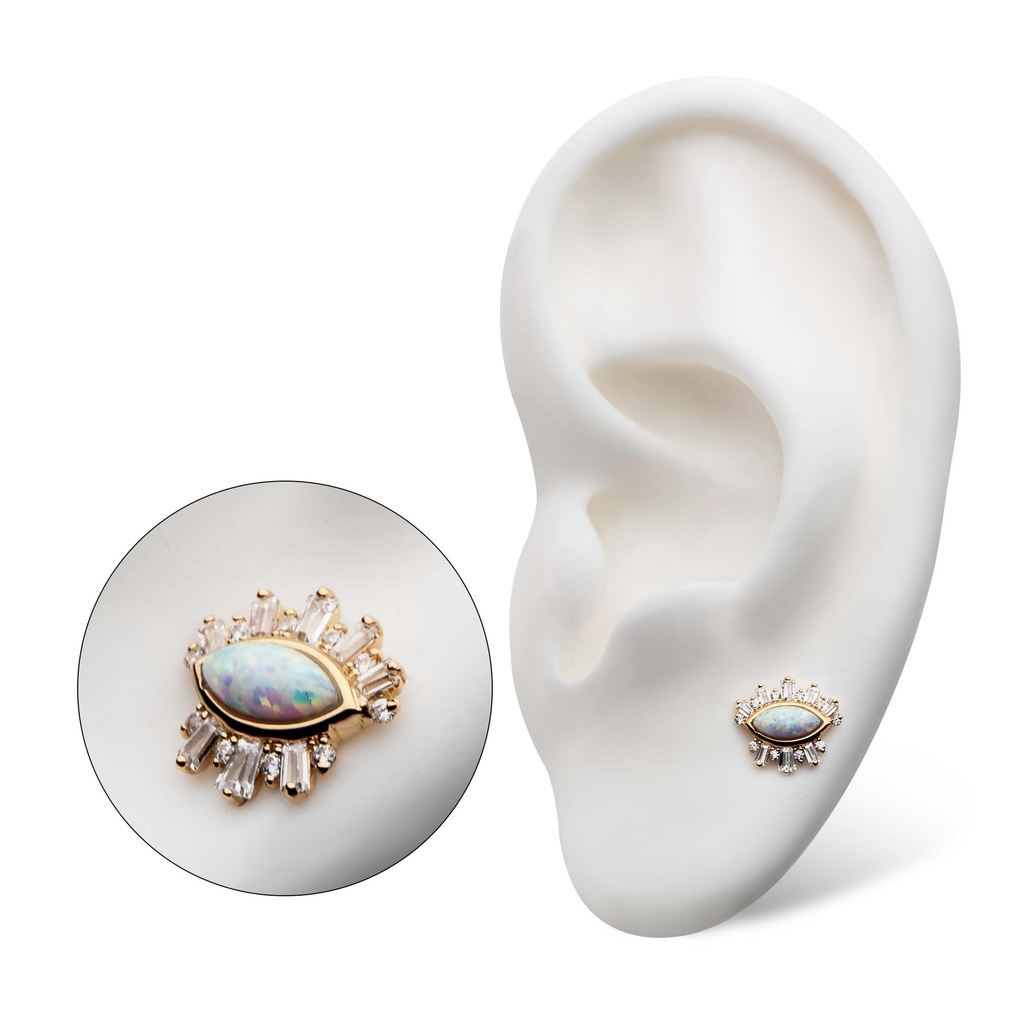 14kt Yellow Gold Threadless Marquise White Synthetic Opal, Round & Tapered Baguette Clear CZ Evil Eye Cluster Top