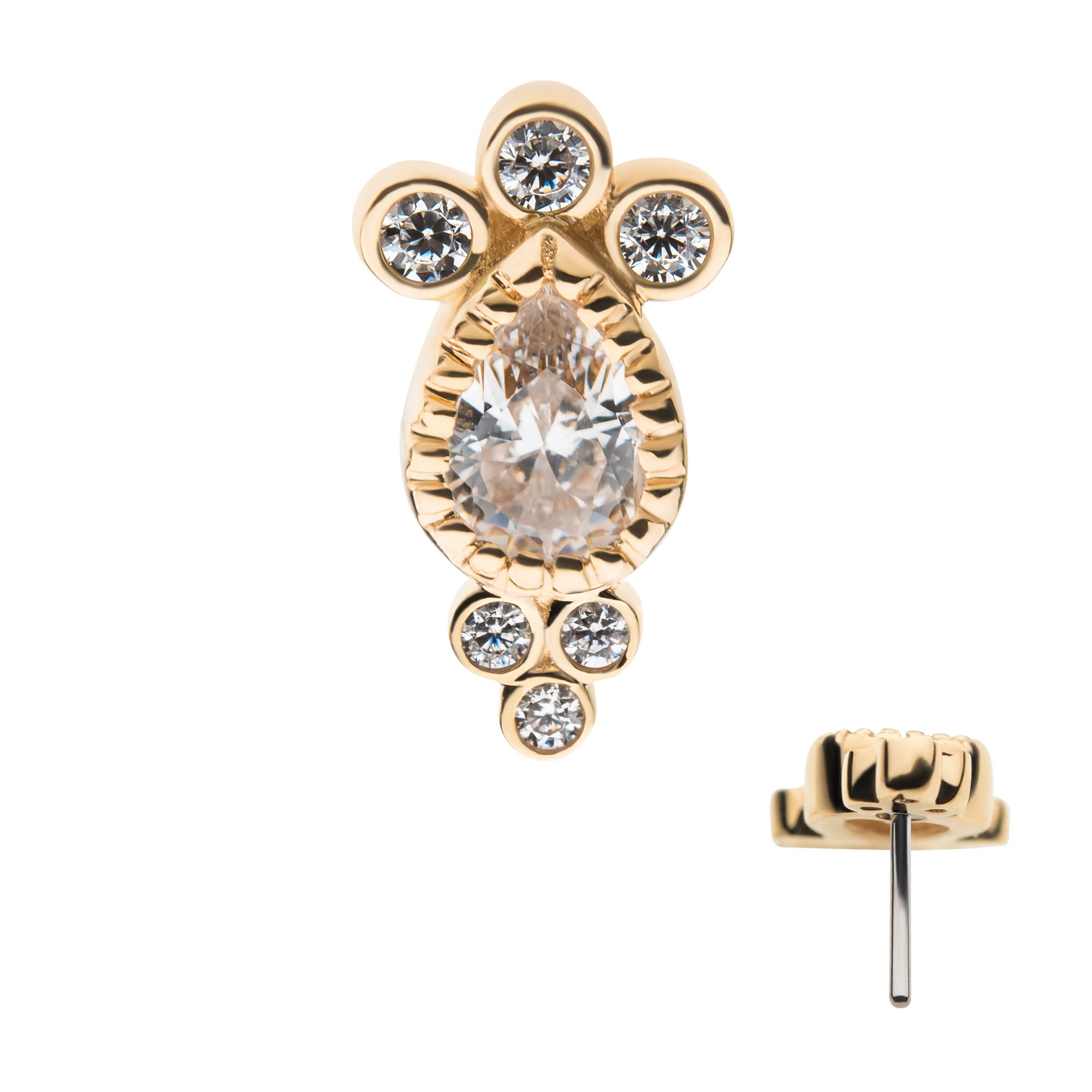 14kt Yellow Gold Threadless Tri-gem Teardrop Clear CZ Top