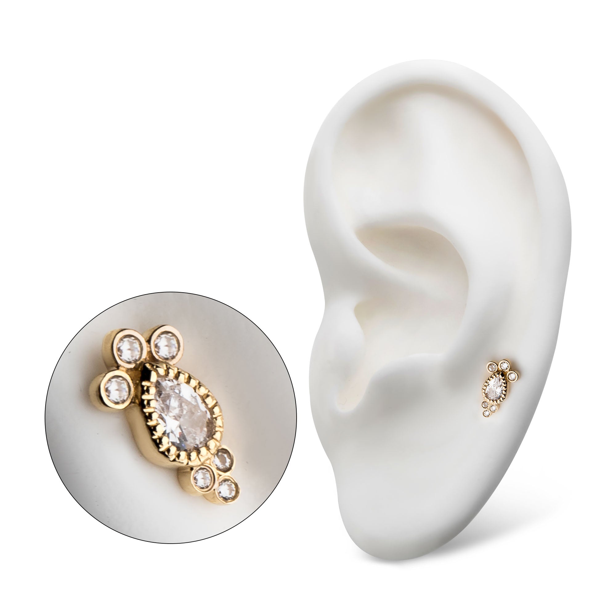 14kt Yellow Gold Threadless Tri-gem Teardrop Clear CZ Top