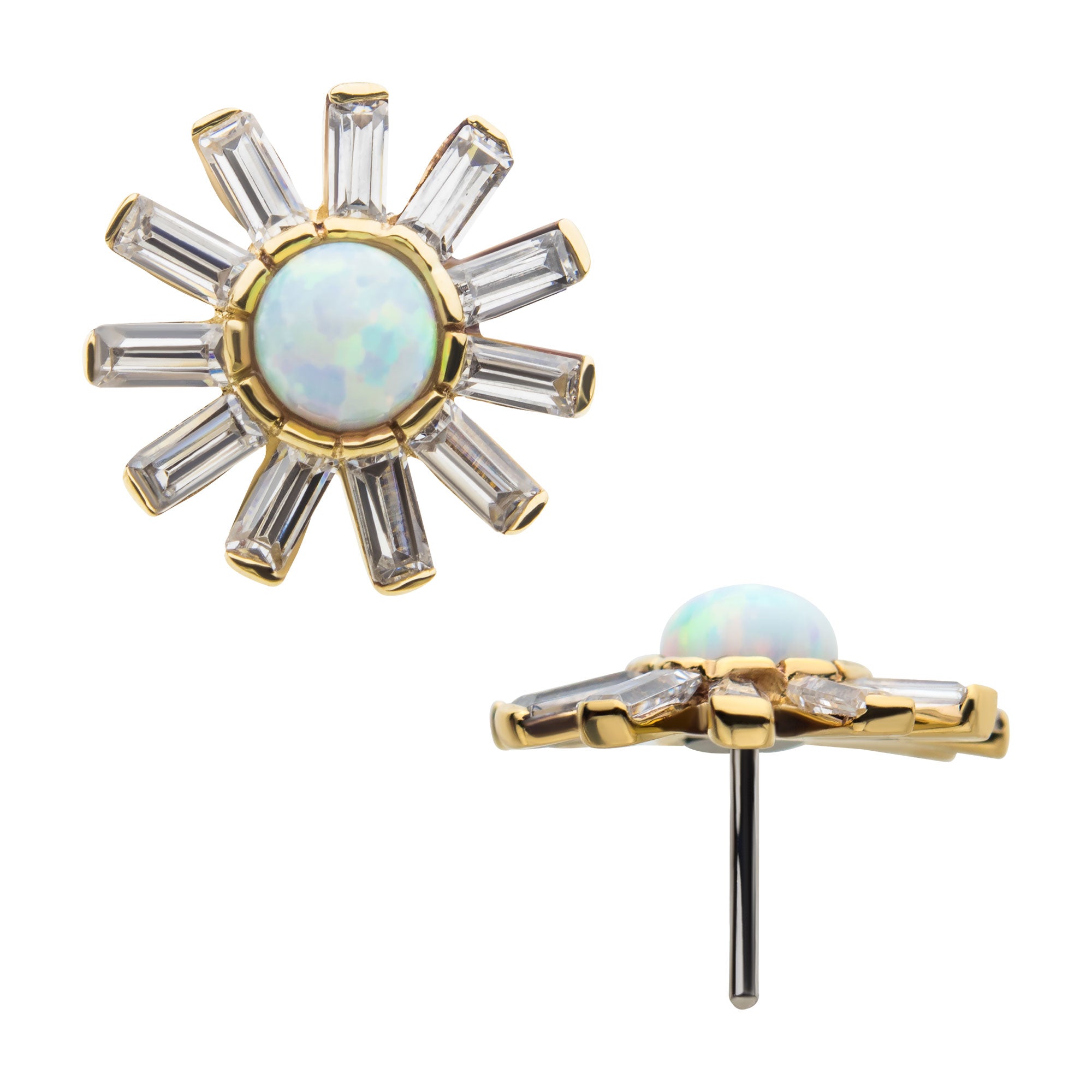 14kt Yellow Gold Threadless White Synthetic Opal & Tapered Baguette Clear CZ Sunburst Top