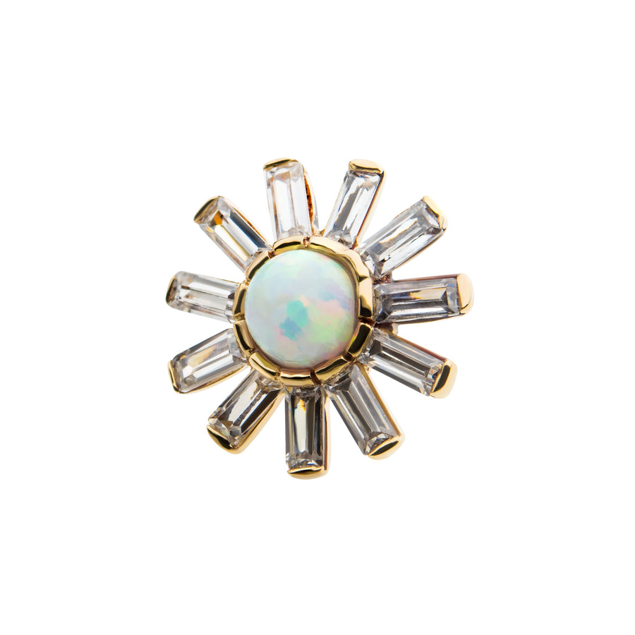 14kt Yellow Gold Threadless White Synthetic Opal & Tapered Baguette Clear CZ Sunburst Top