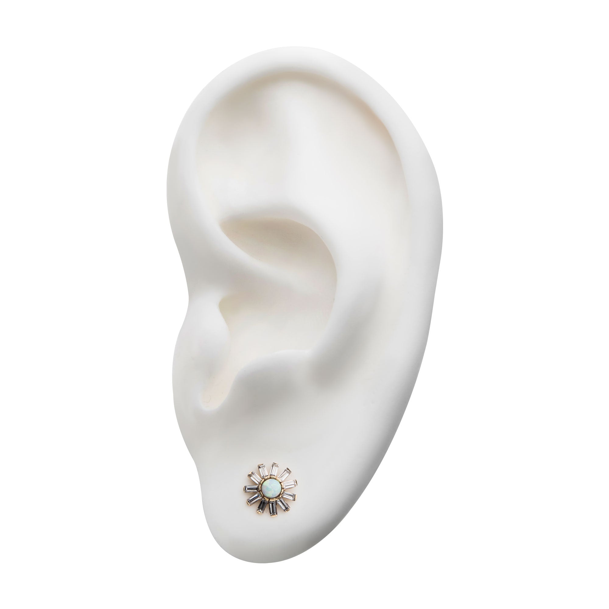 14kt Yellow Gold Threadless White Synthetic Opal & Tapered Baguette Clear CZ Sunburst Top