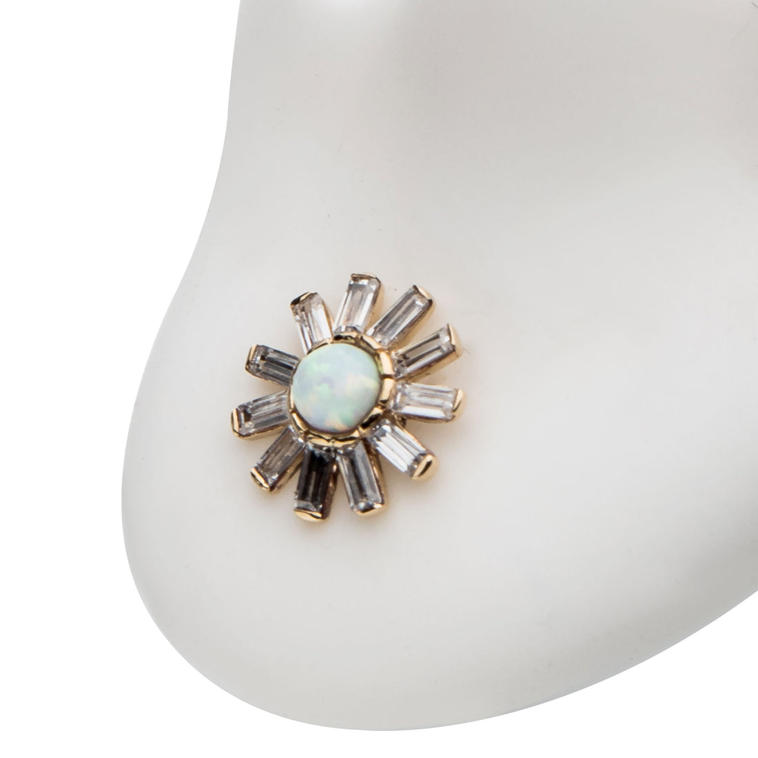 14kt Yellow Gold Threadless White Synthetic Opal & Tapered Baguette Clear CZ Sunburst Top