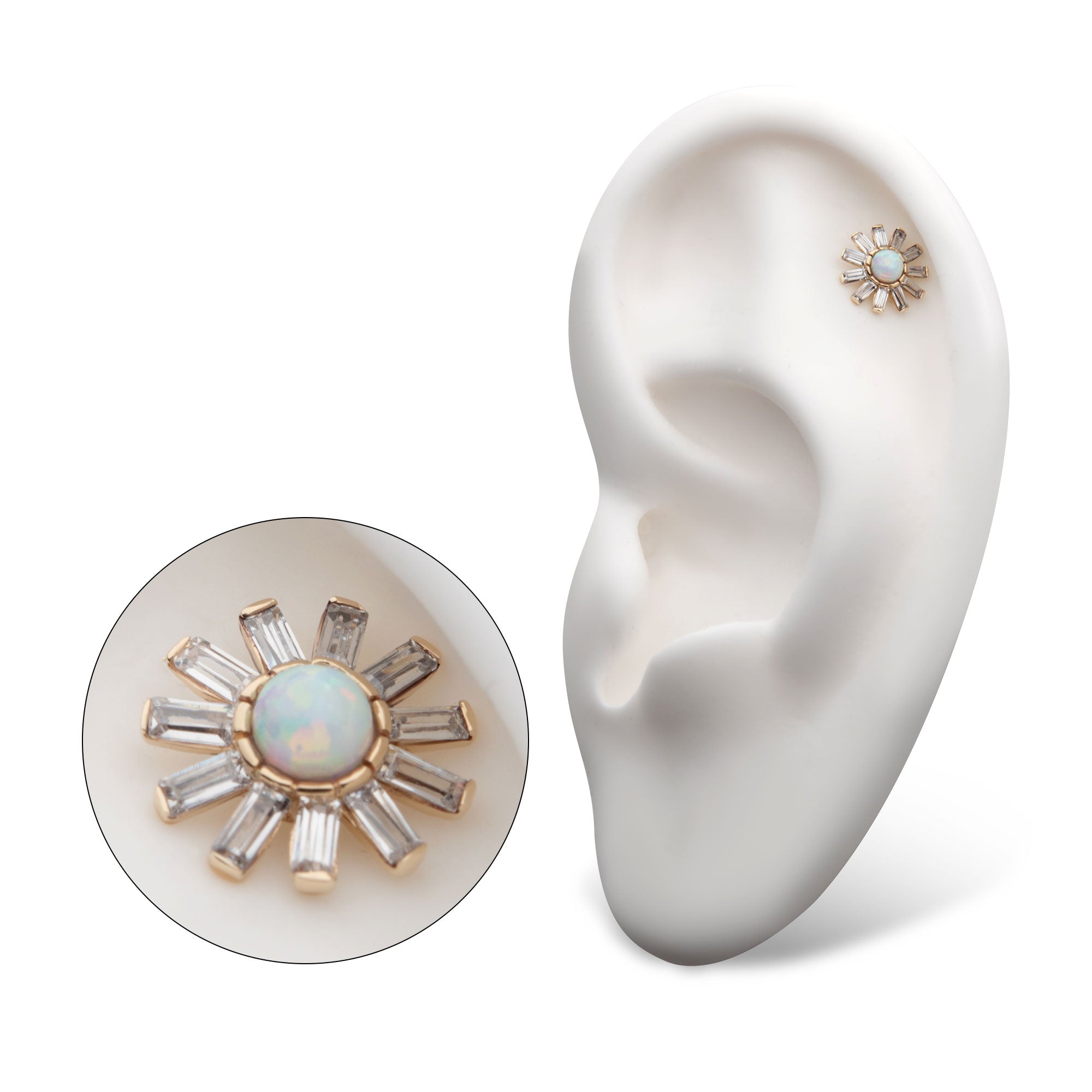 14kt Yellow Gold Threadless White Synthetic Opal & Tapered Baguette Clear CZ Sunburst Top
