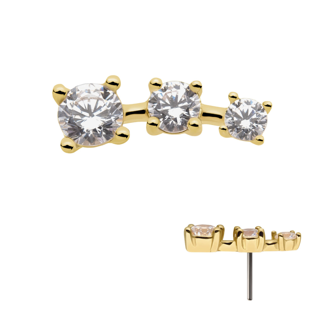 14Kt Yellow Gold Threadless with Prong Set CZ 3-Cluster Top