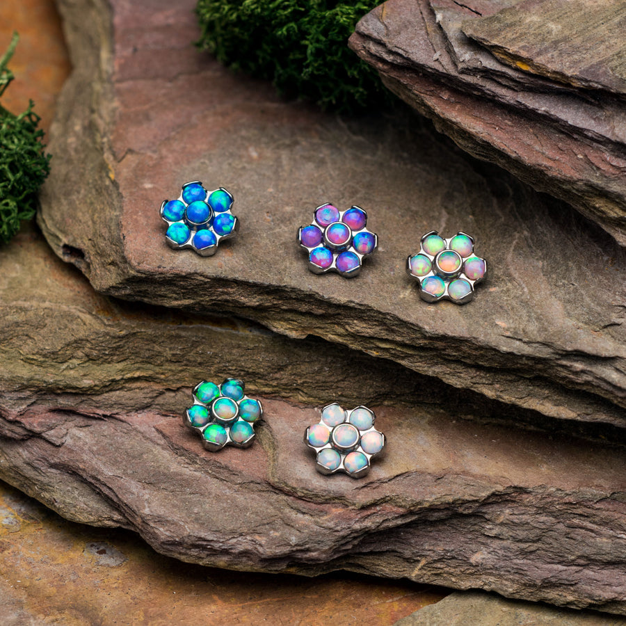 16g Titanium Internally Threaded Bezel Set Synthetic Opal Flower Tops