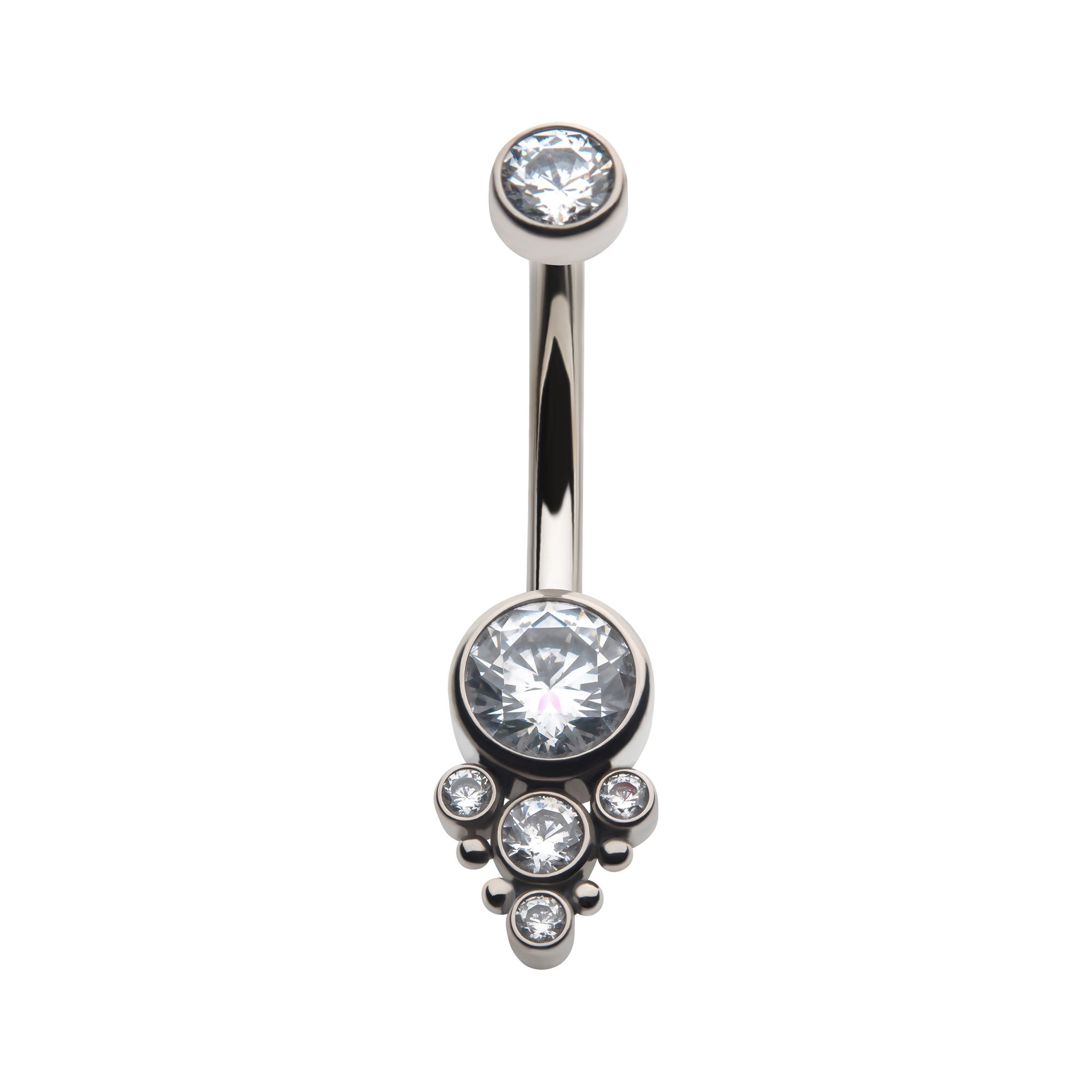 Titanium Internally Threaded with Beaded Bezel Set CZ Terraced Cluster Navel Curve