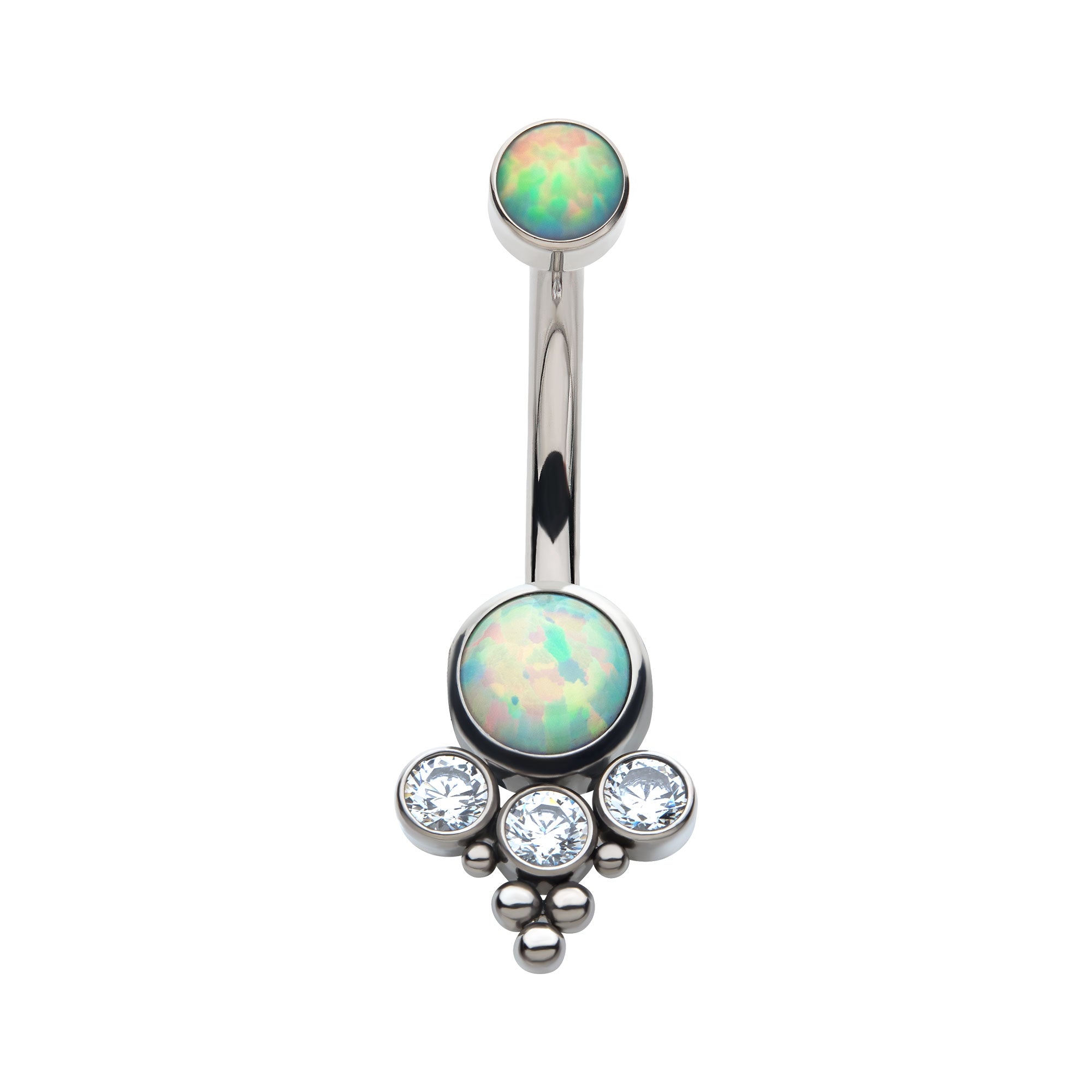 Titanium Internally Threaded with Tri Bead Bezel Set Opal & CZ Terraced Cluster Navel Curve
