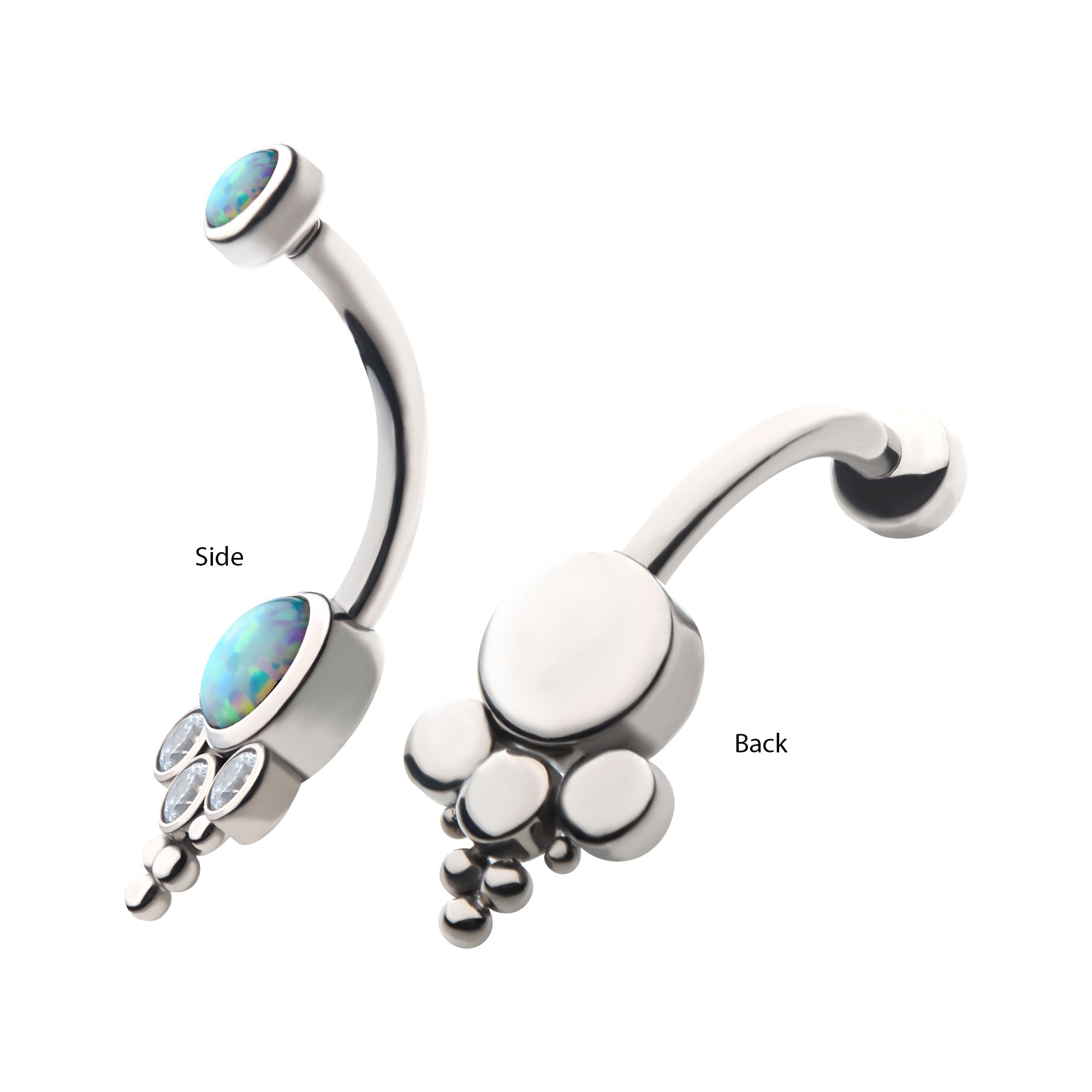 Titanium Internally Threaded with Tri Bead Bezel Set Opal & CZ Terraced Cluster Navel Curve