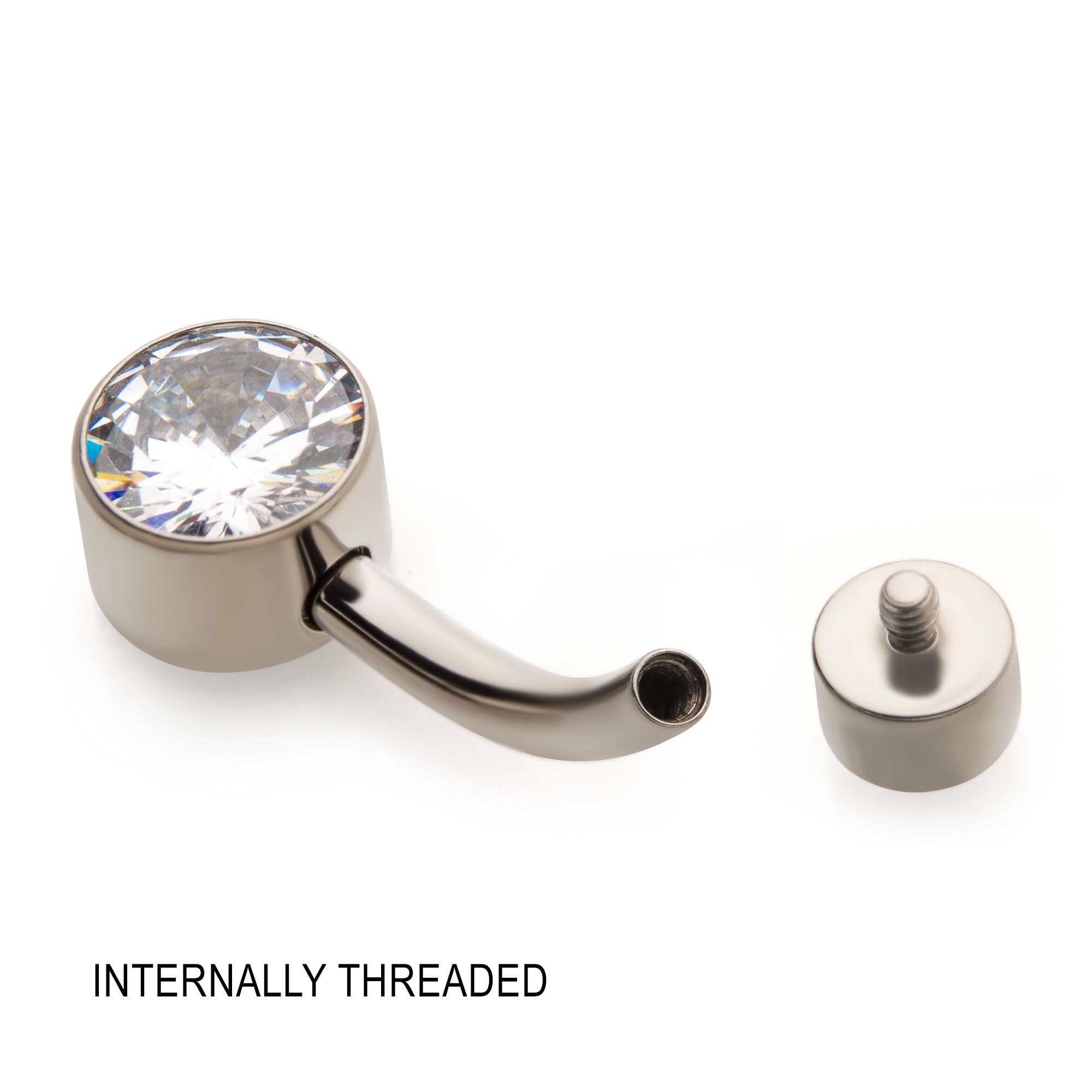 Titanium Internally Threaded with Flat Back Round Bezel Set Double CZ Navel Curves