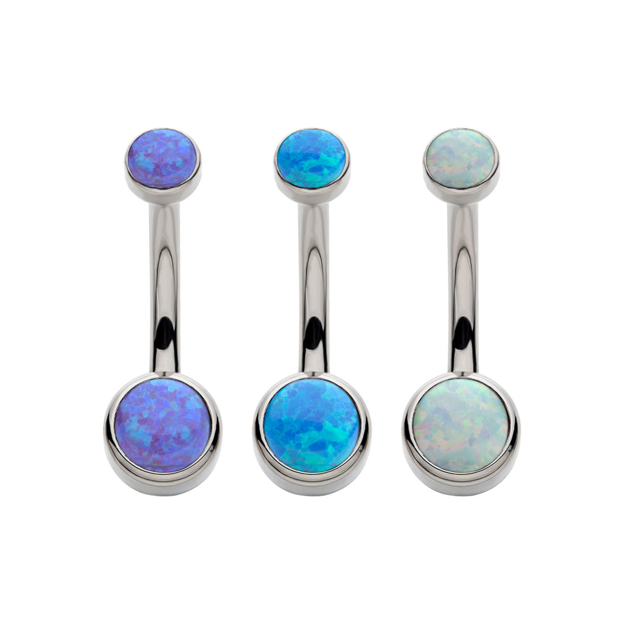 Titanium Internally Threaded with Bezel Set Double Opal Smooth Rounded Back Navel Curves