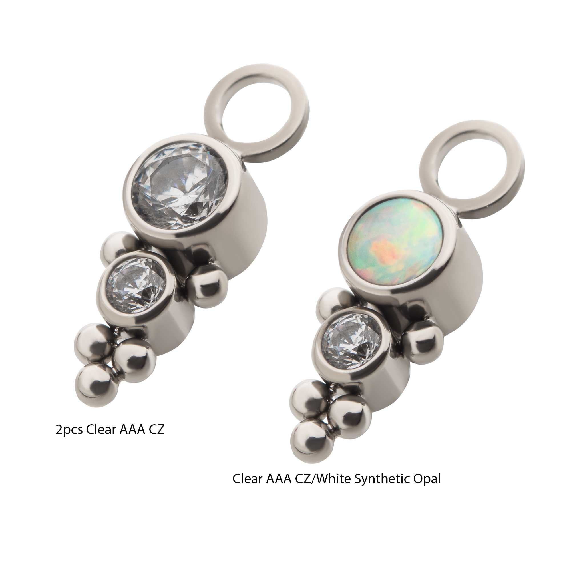 Titanium with Bezel Set CZ/Synthetic Opal & Trinity Ball Edge 2-Cluster Charm