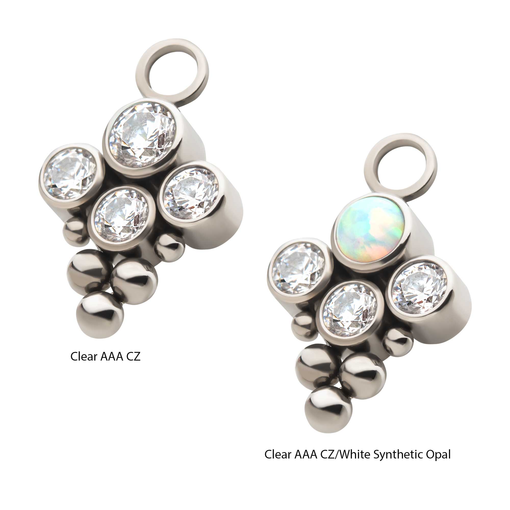 Titanium with Bezel Set CZ/Synthetic Opal & Trinity Ball Edge Terraced Cluster Charm