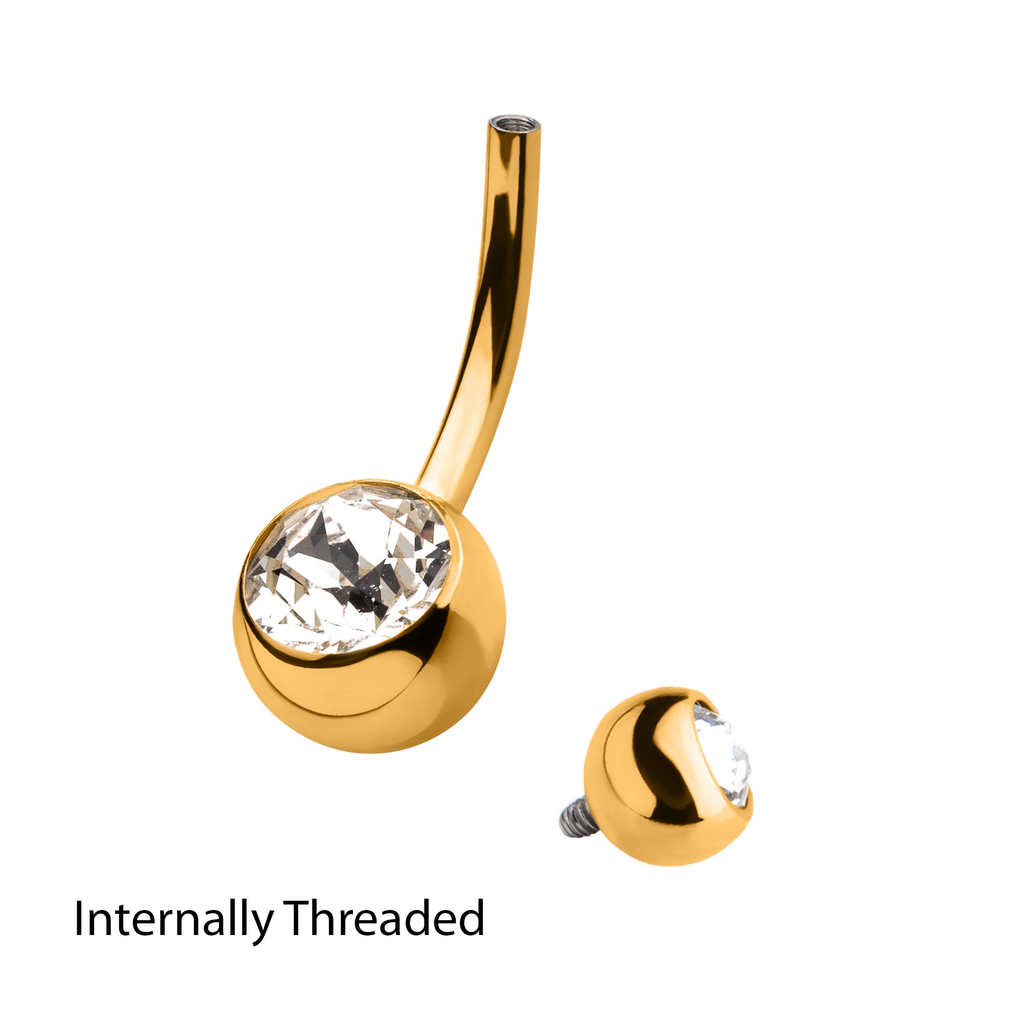 24Kt Gold PVD Titanium Internally Threaded Swarovski Clear Crystal Fixed Bottom Navel