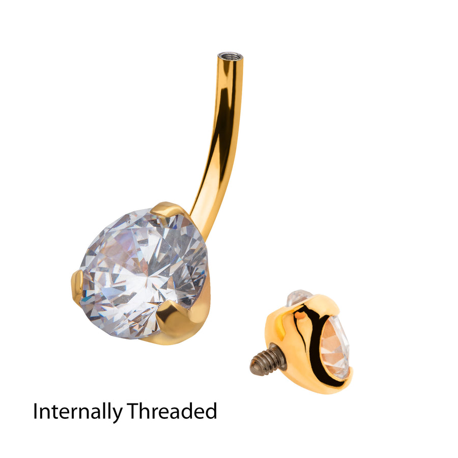 24KT Gold PVD Titanium Internally Threaded with Prong Set Clear CZ Fixed Navel