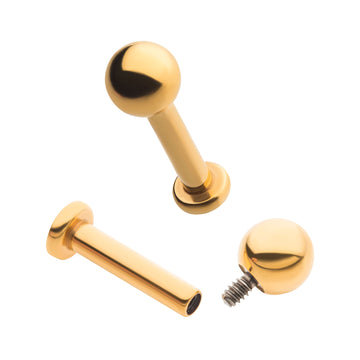 24KT Gold PVD Titanium Internally Threaded Labret with 2.5mm Flat Base and 3mm Ball