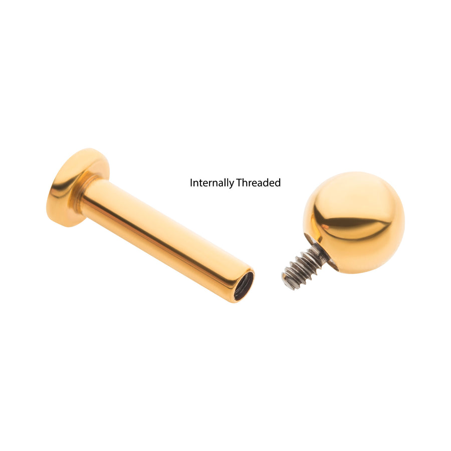 24KT Gold PVD Titanium Internally Threaded Labret with 2.5mm Flat Base and 3mm Ball