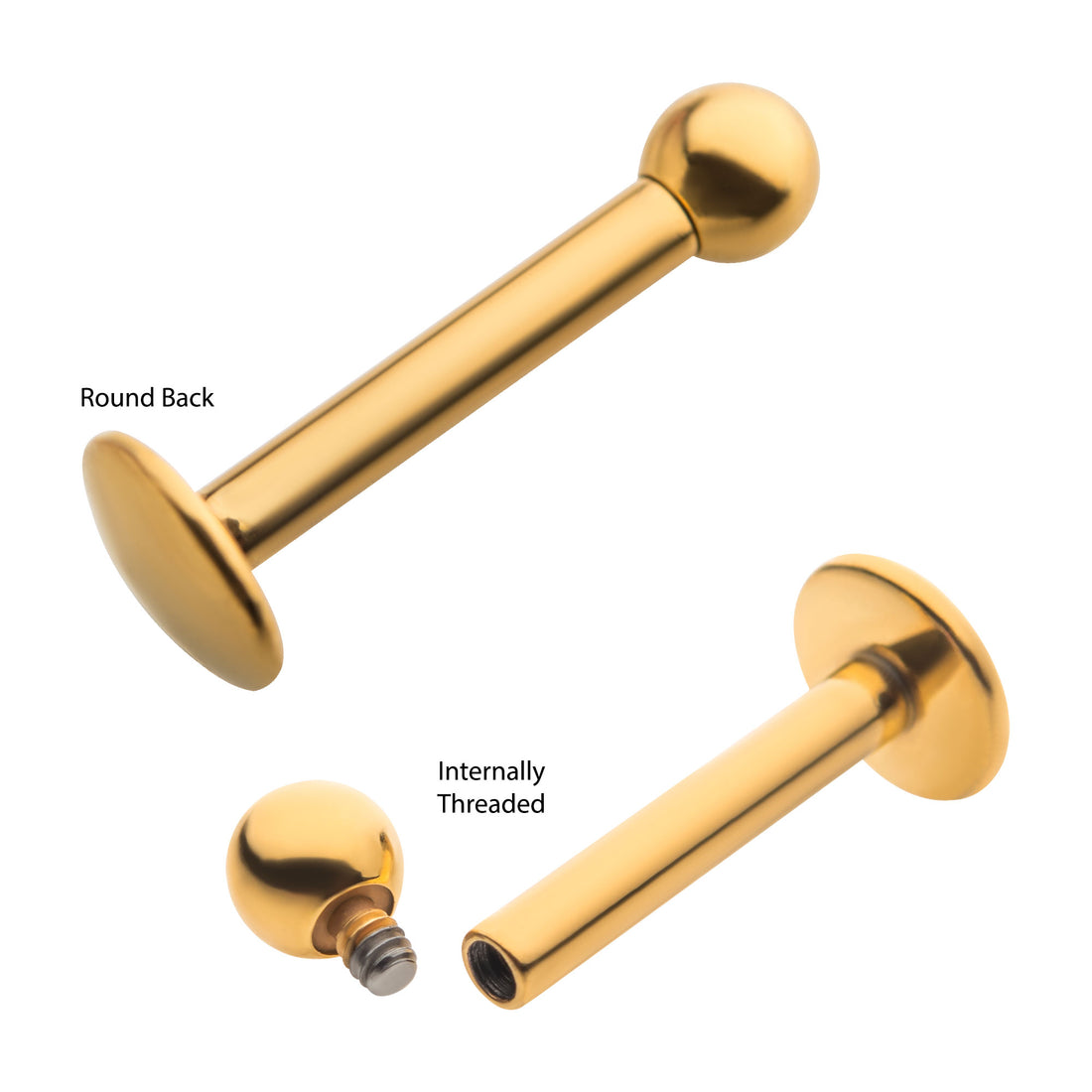 24KT Gold PVD Titanium Internally Threaded Labret with 4mm Base and 3mm Ball