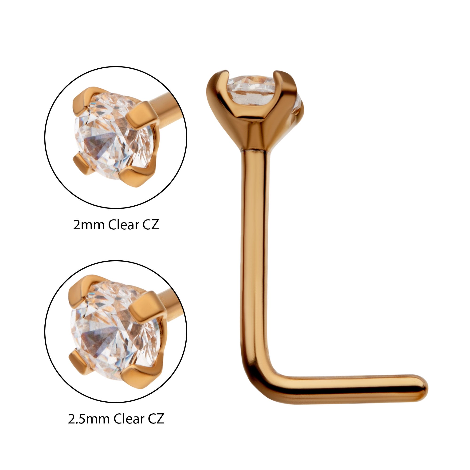 24KT Gold PVD Titanium Prong CZ L-Shape Nose Pin
