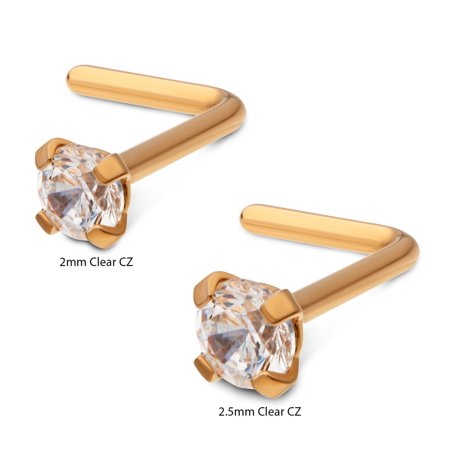 24KT Gold PVD Titanium Prong CZ L-Shape Nose Pin