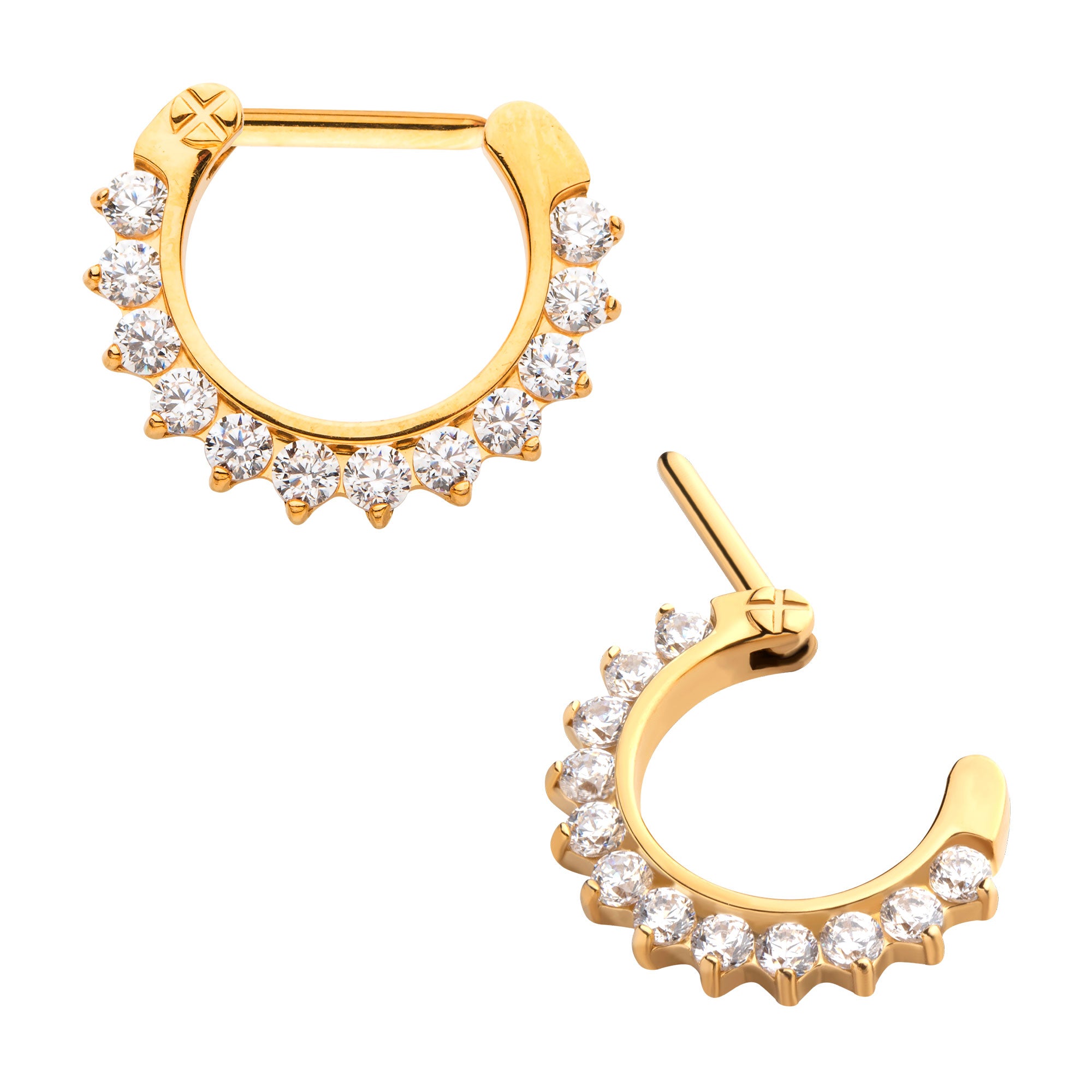 24KT Gold PVD Titanium Pave Set Clear CZ Cluster Septum Clicker