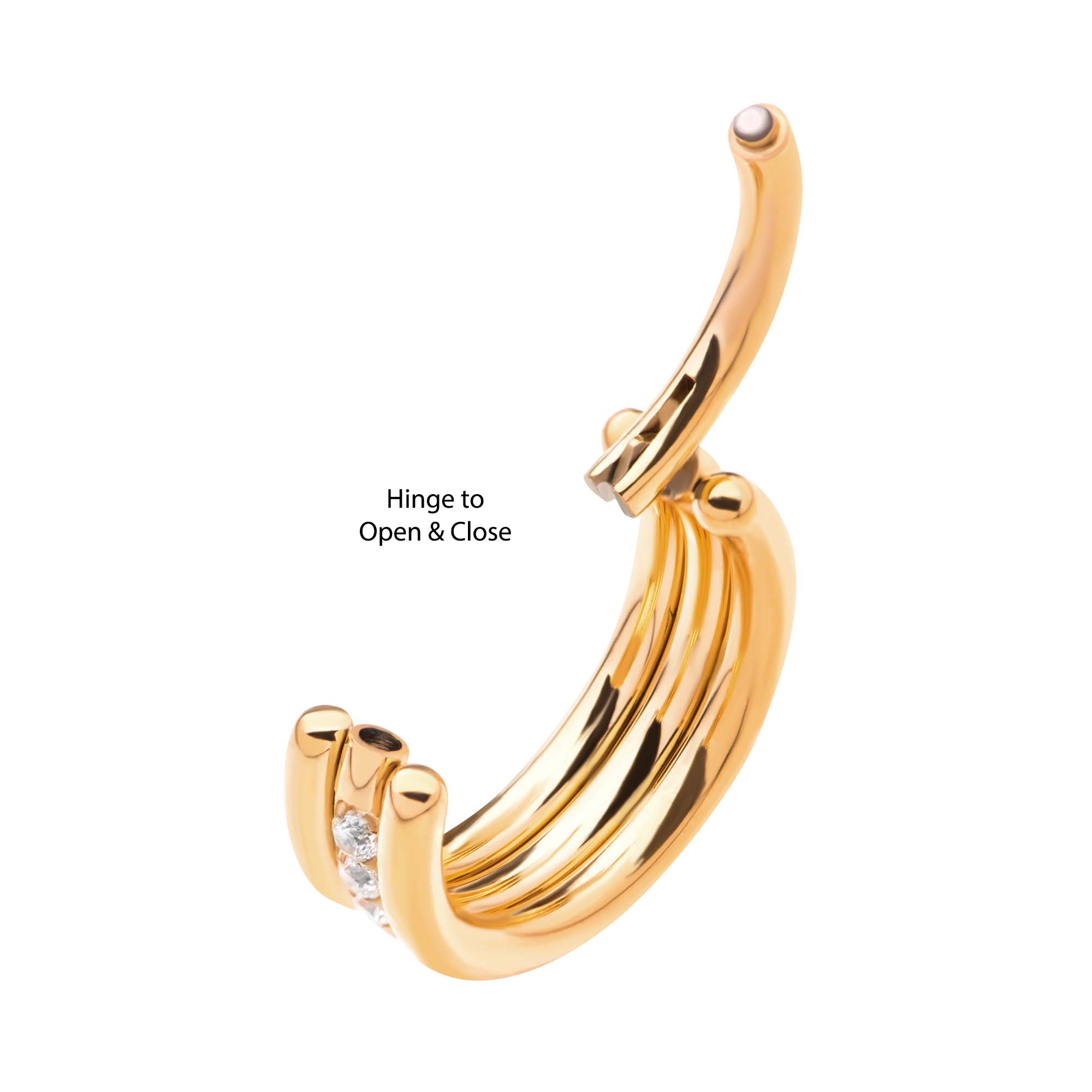 24Kt Gold PVD Titanium Triple Stacked Clear CZ Center Line Side Facing Hinged Segment Clicker