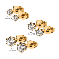24Kt Gold PVD Titanium Prong Set Round CZ Butterfly Back Stud Earrings