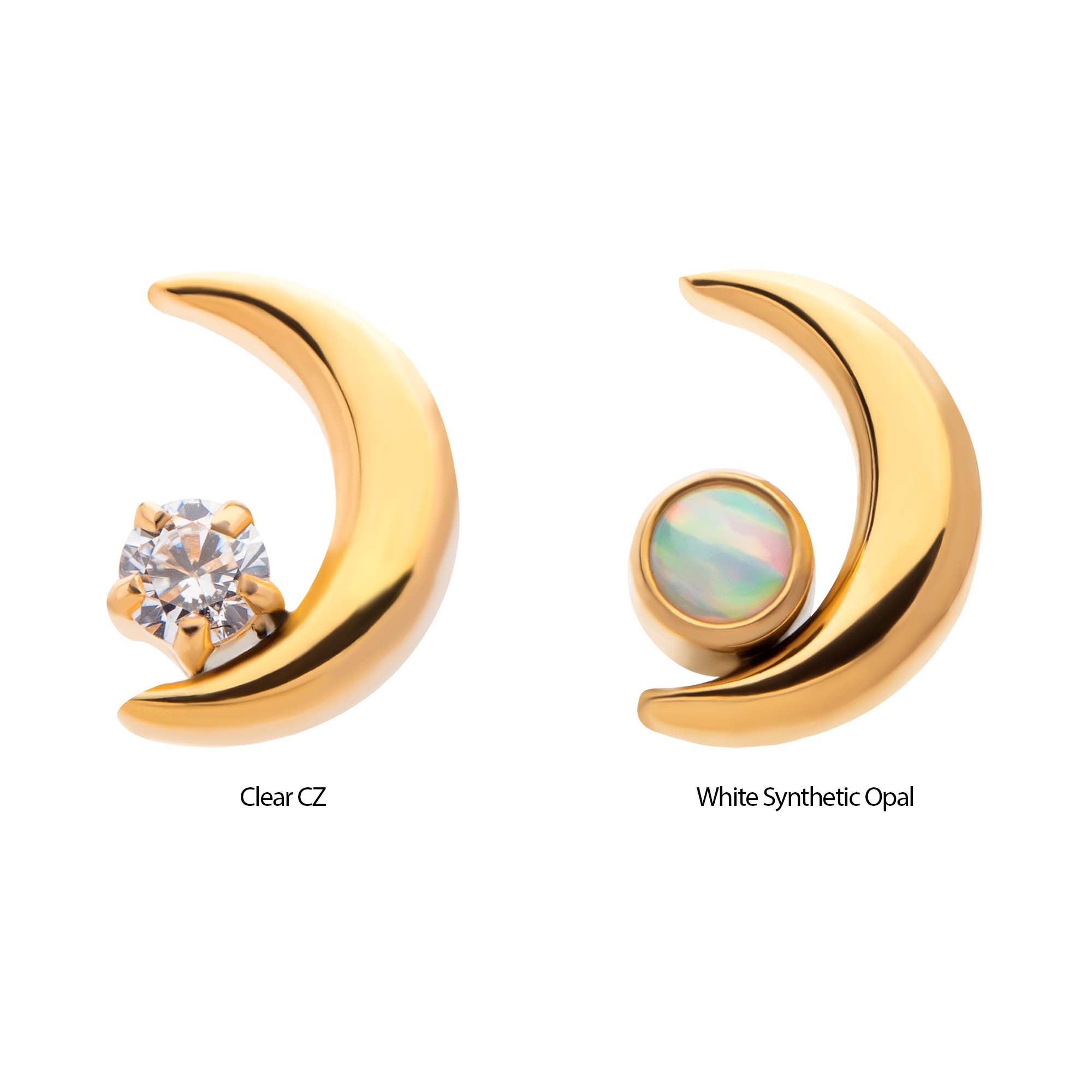 24Kt Gold PVD Titanium Internally Threaded Crescent Moon with CZ/Opal Top