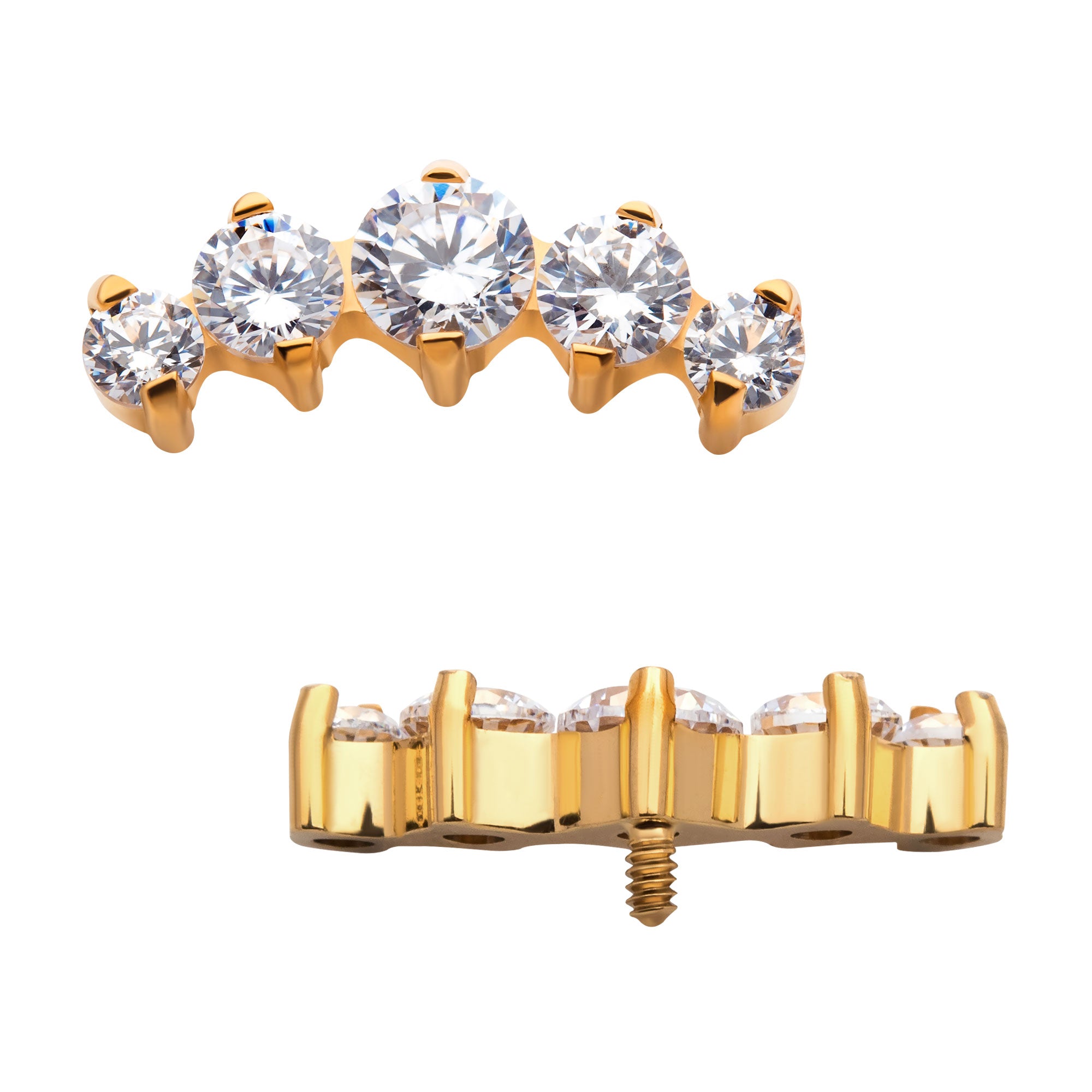 24KT Gold PVD Titanium Internally Threaded with Prong Set Clear CZ 5-Cluster Top