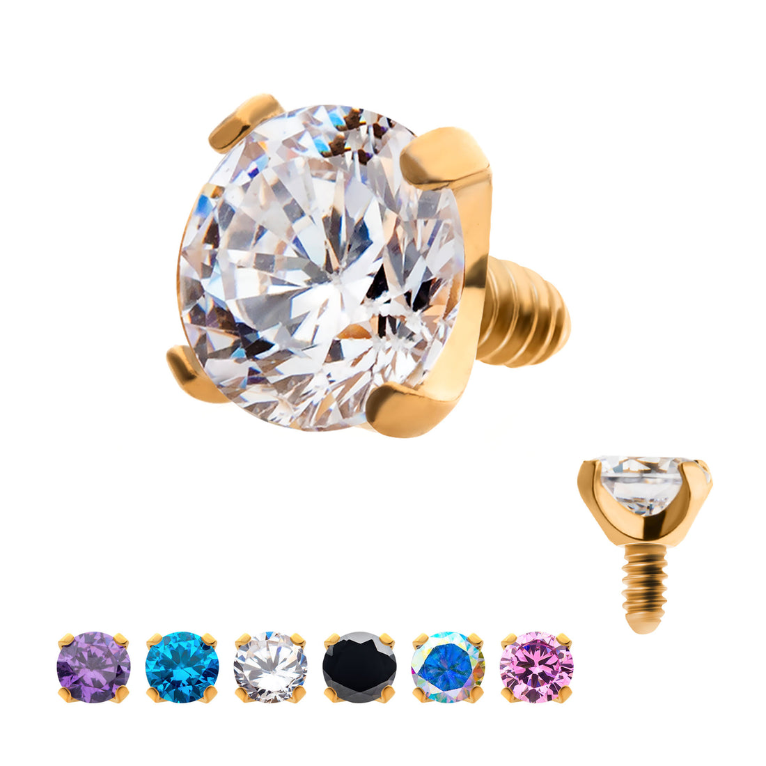 24Kt Gold PVD Titanium Internally Threaded with 4-Prong Set CZ Front Facing Top