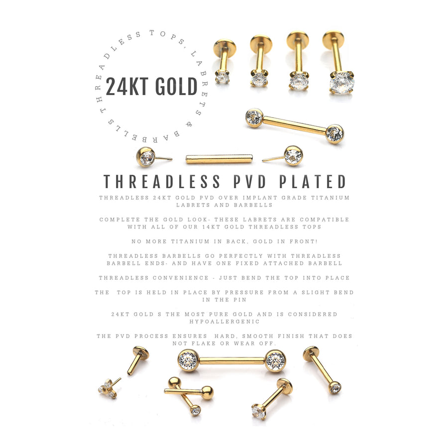 24kt Gold PVD Titanium Threadless 4-Prong CZ Front Facing Top