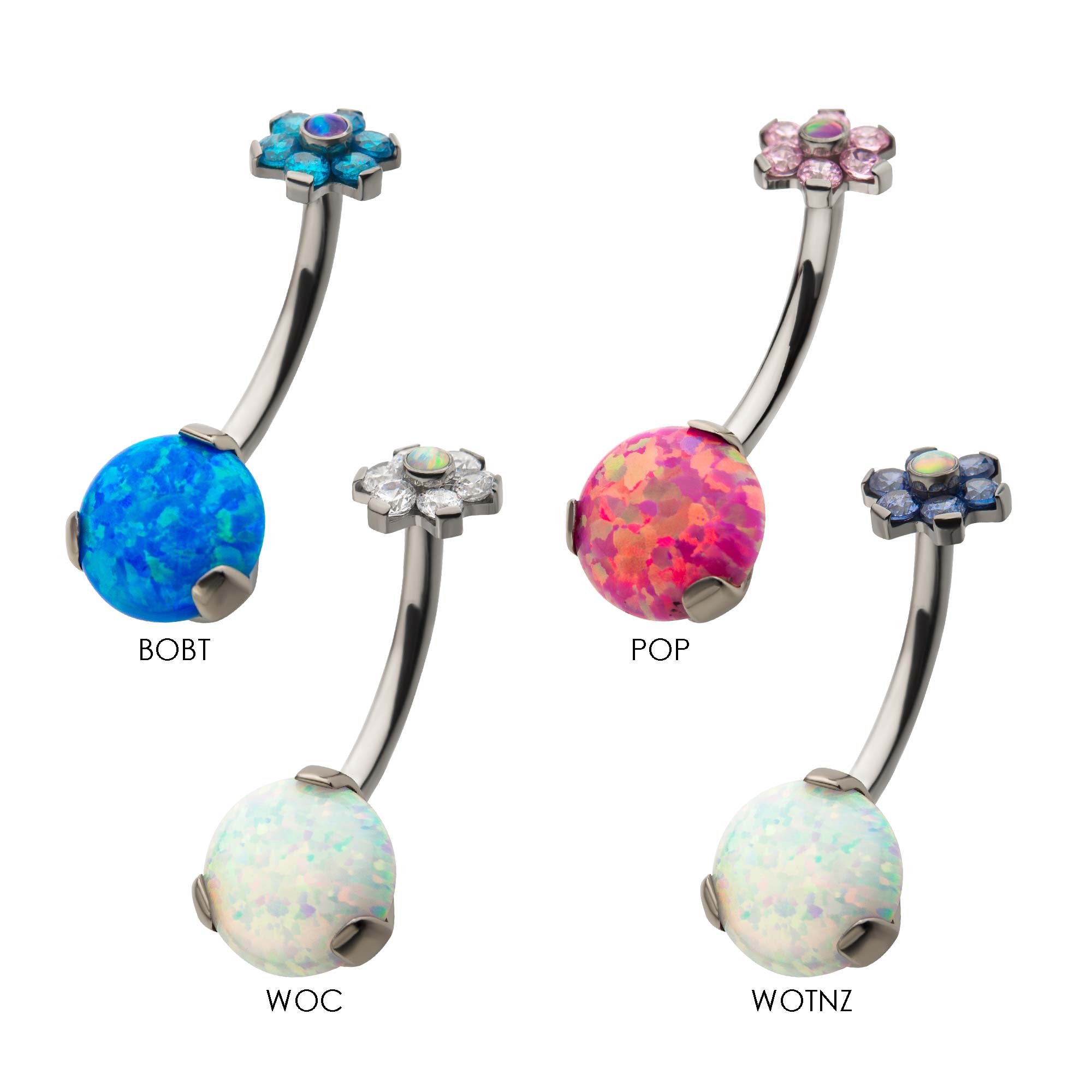 Titanium Internally Threaded with Prong Set AAA CZ & Synthetic Opal Flower Top and Round Bottom Fixed Navel