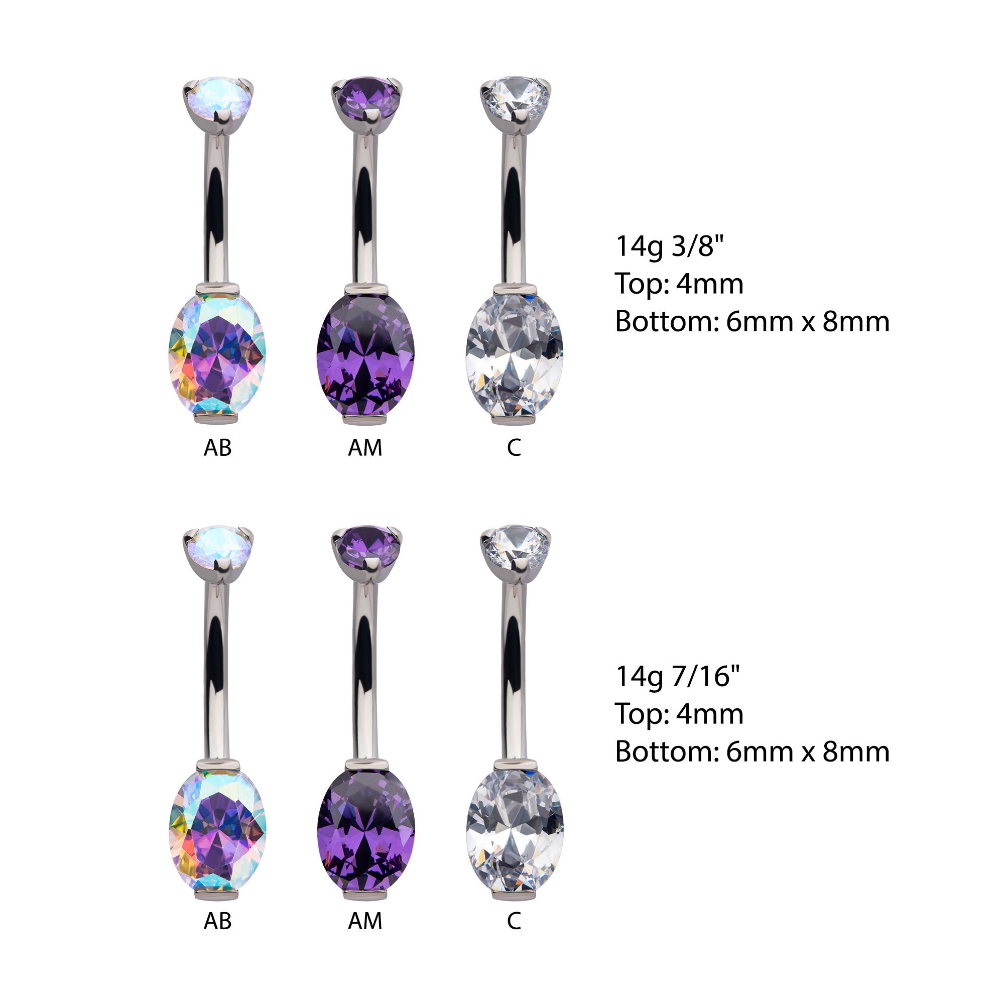 Titanium Internally Threaded Round CZ Top with Oval CZ Fixed Bottom Navel
