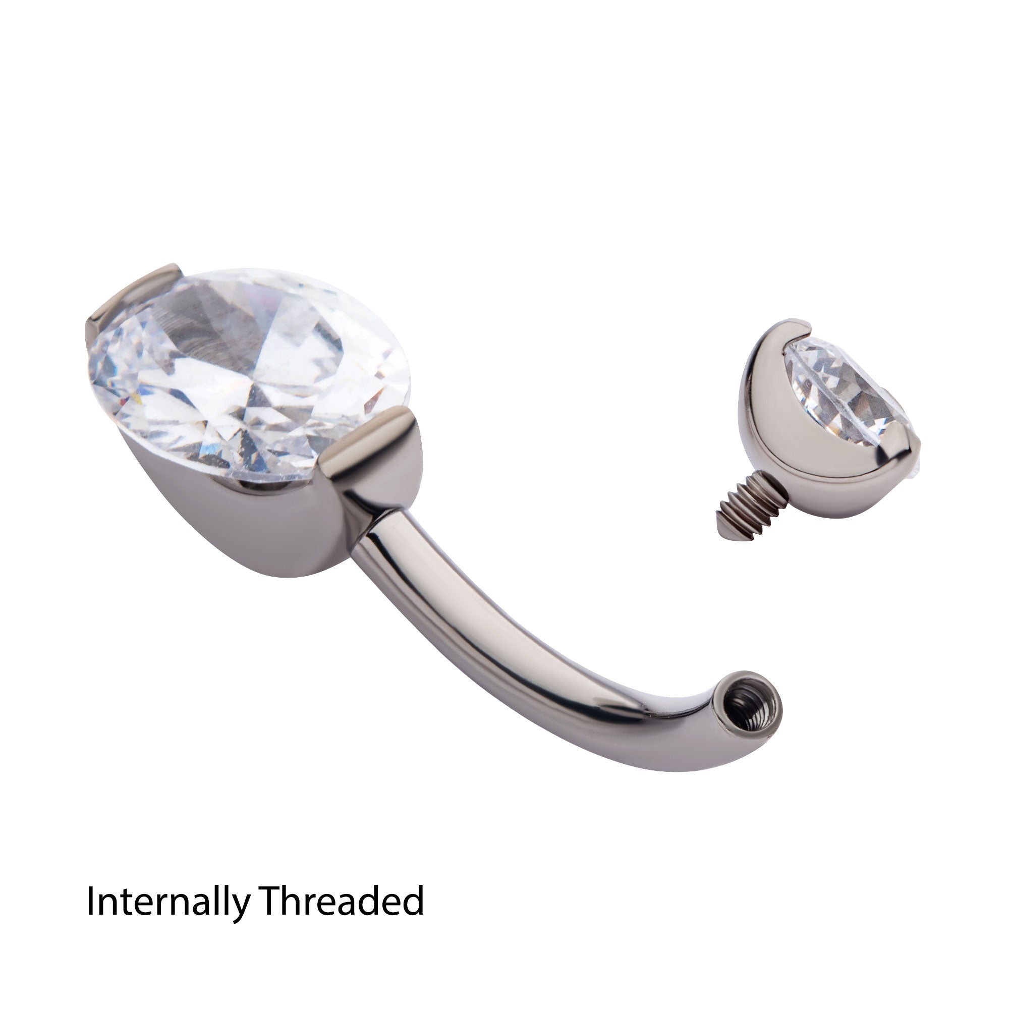 Titanium Internally Threaded Round CZ Top with Oval CZ Fixed Bottom Navel