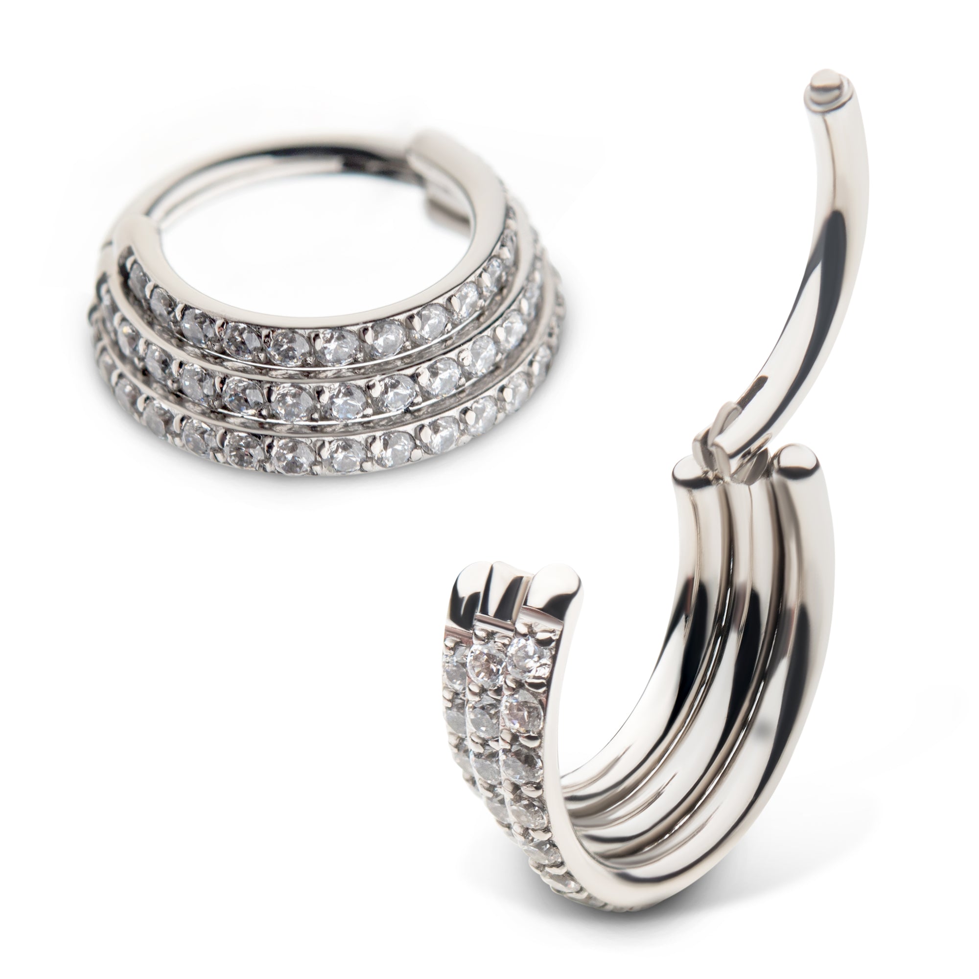 16g Titanium Pave Clear CZ Triple Stacked Side Facing Hinged Segment Clicker