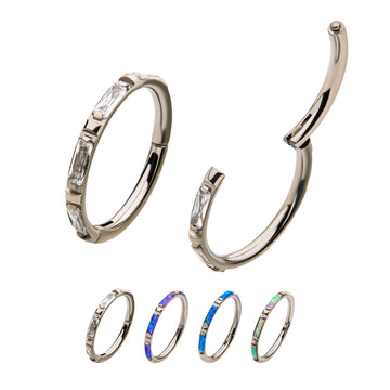 Titanium Baguette CZ/Synthetic Opal Side Facing Hinged Segment Clicker