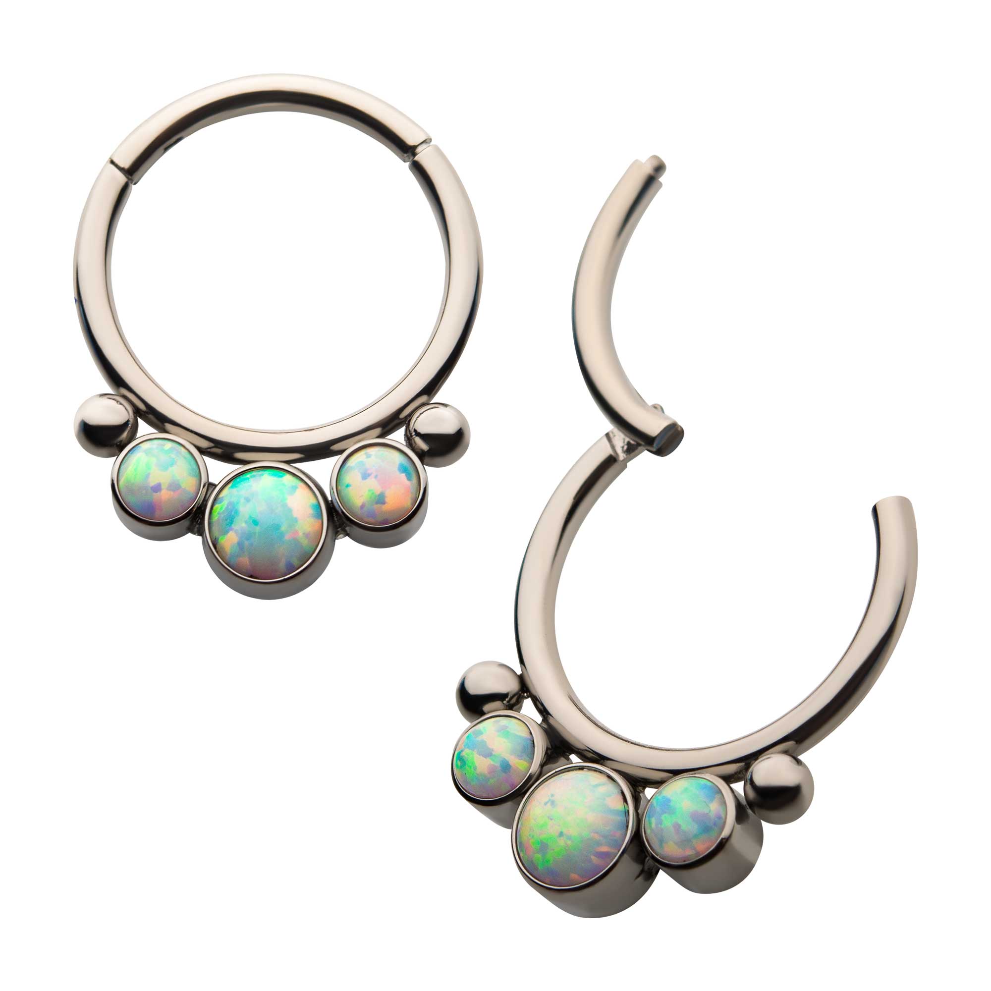 Titanium Bezel Triple White Opalite Beaded Front Facing Hinged Segment Clicker